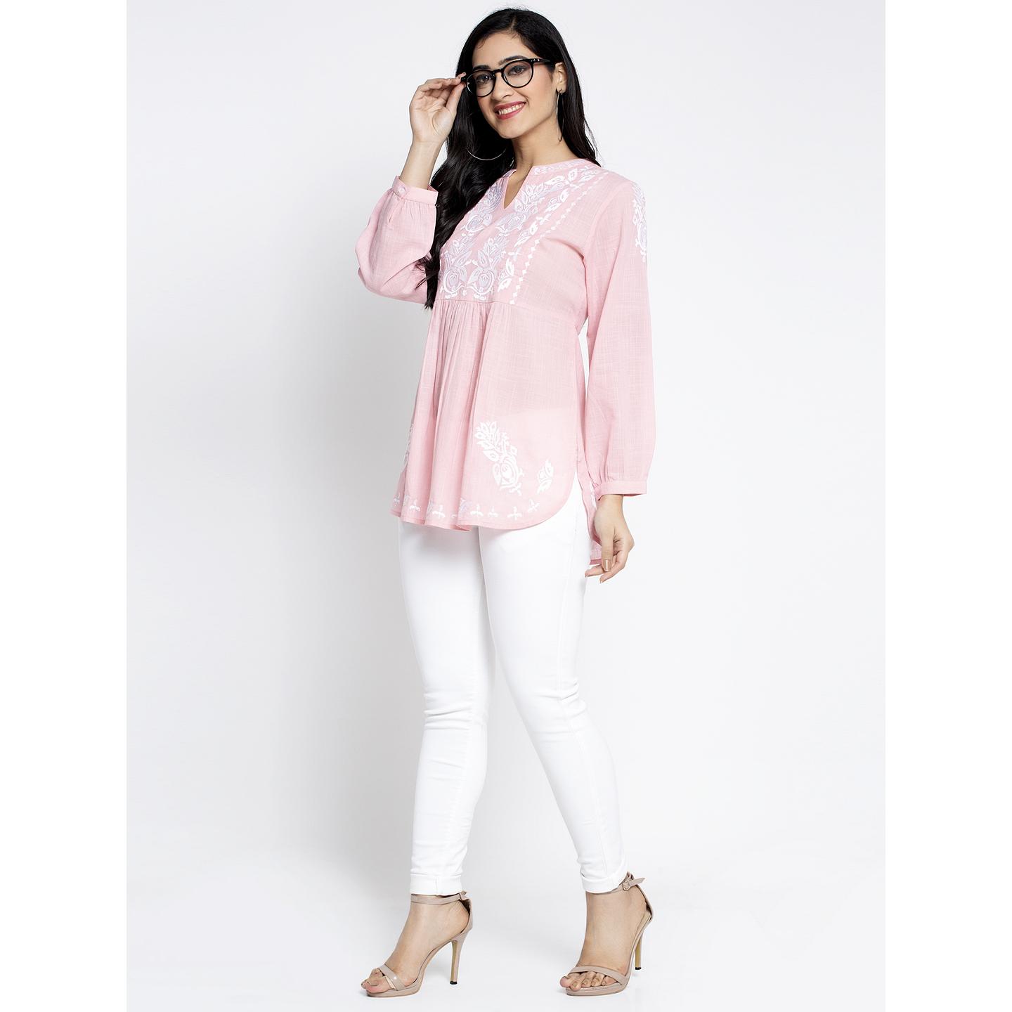 Women's Casual Long Sleeve V Neck Blouse with Embroidery