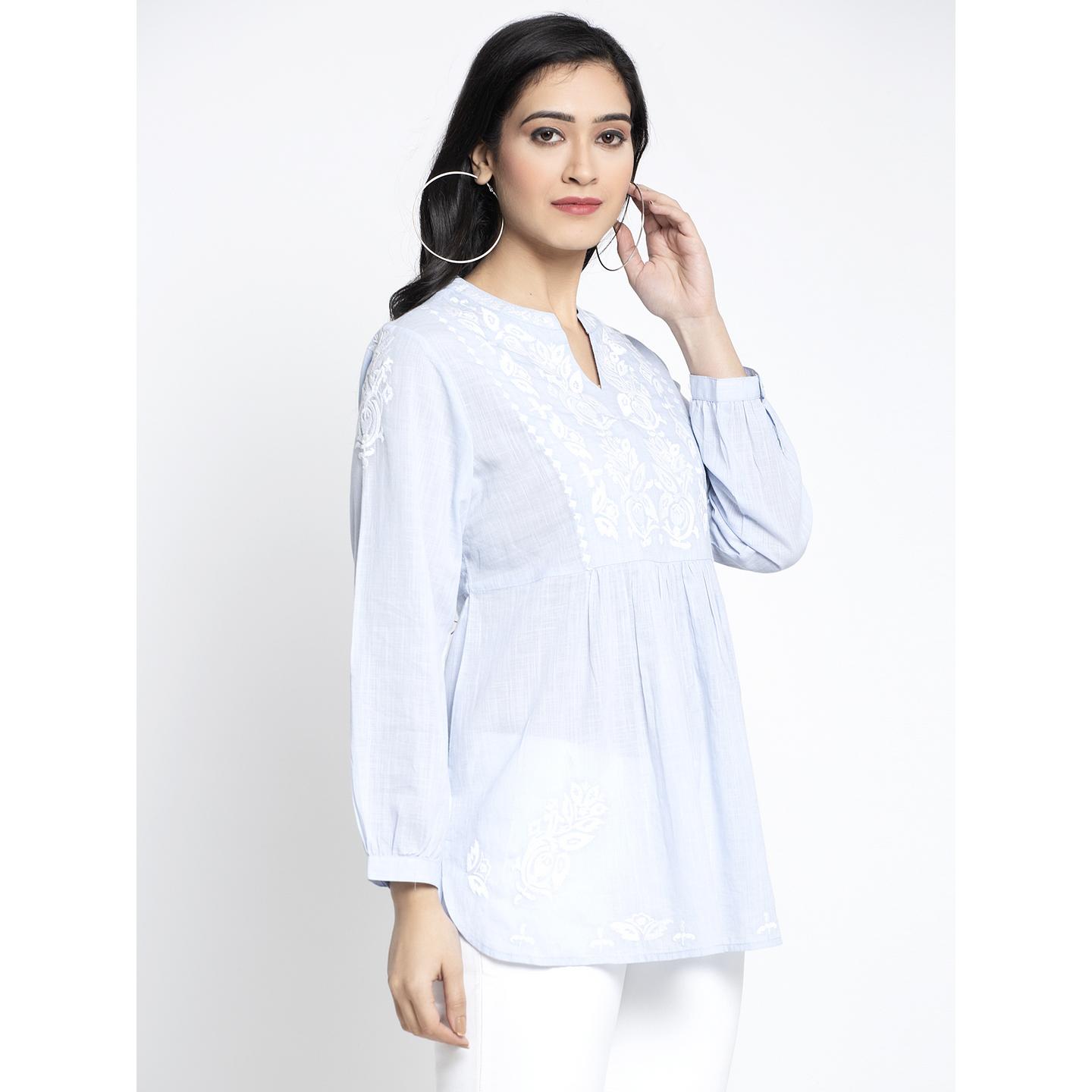Women's Casual Long Sleeve V Neck Blouse with Embroidery