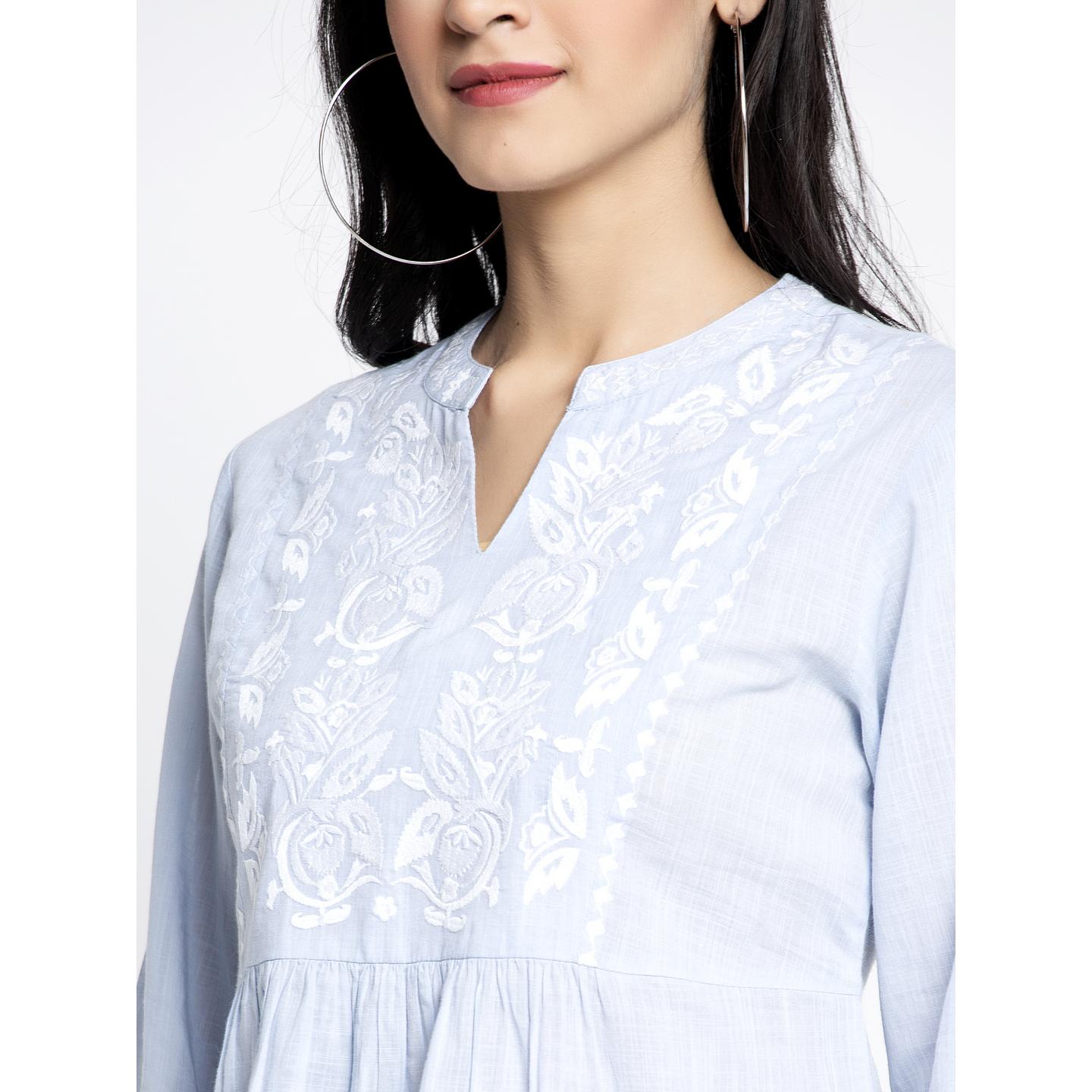 Women's Casual Long Sleeve V Neck Blouse with Embroidery