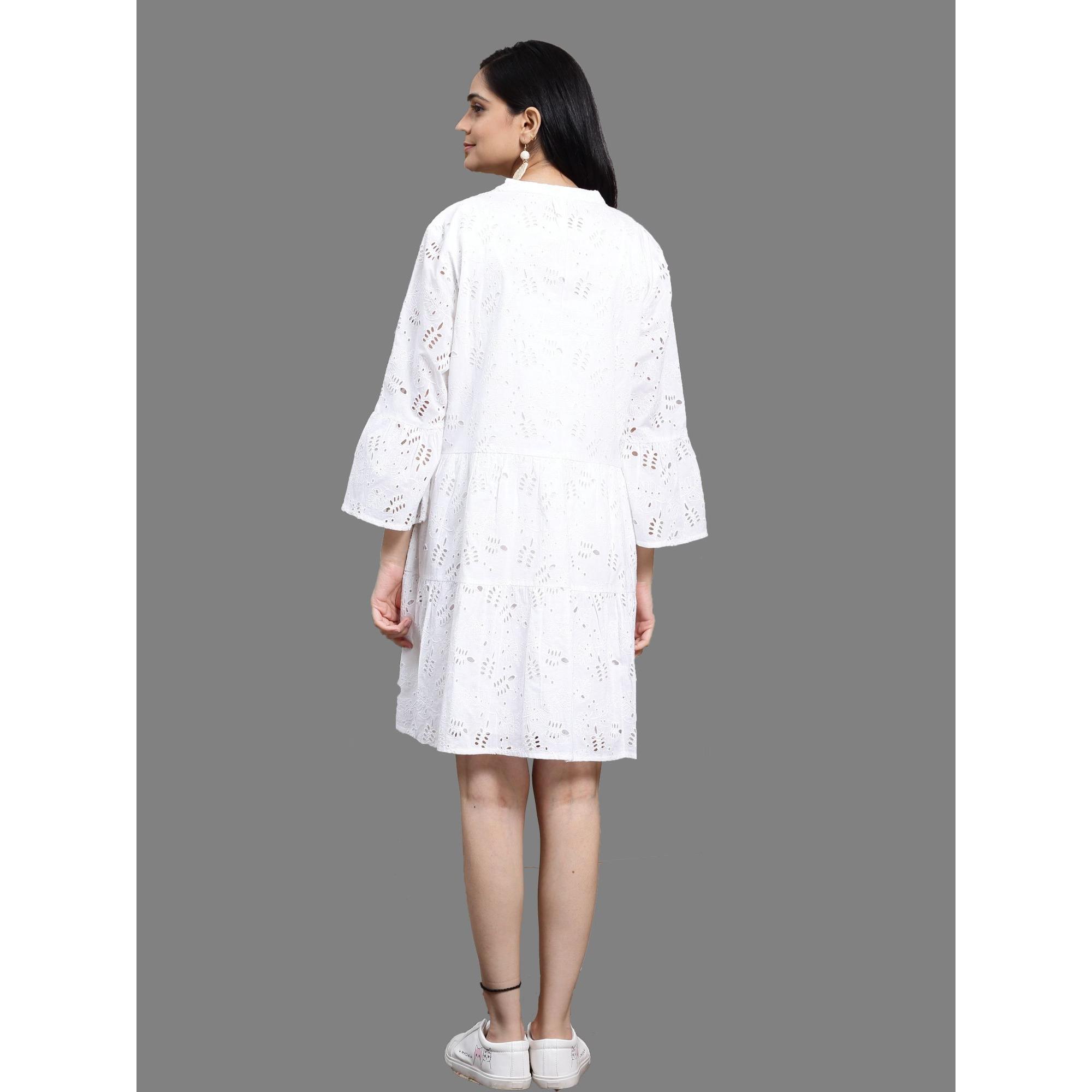 Women's Long Sleeve Schiffli Embroidered Mid Length Dress