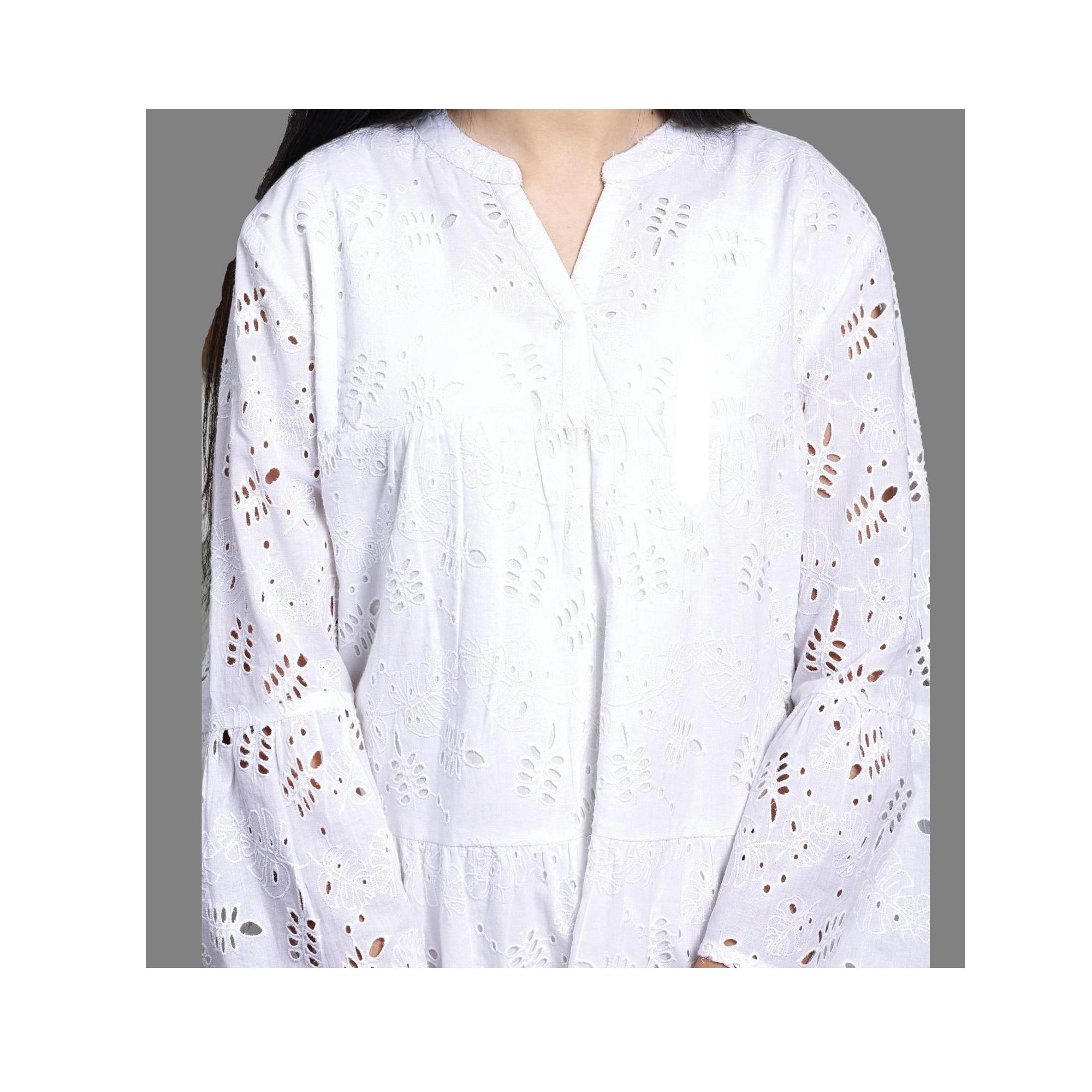 Women's Long Sleeve Schiffli Embroidered Mid Length Dress