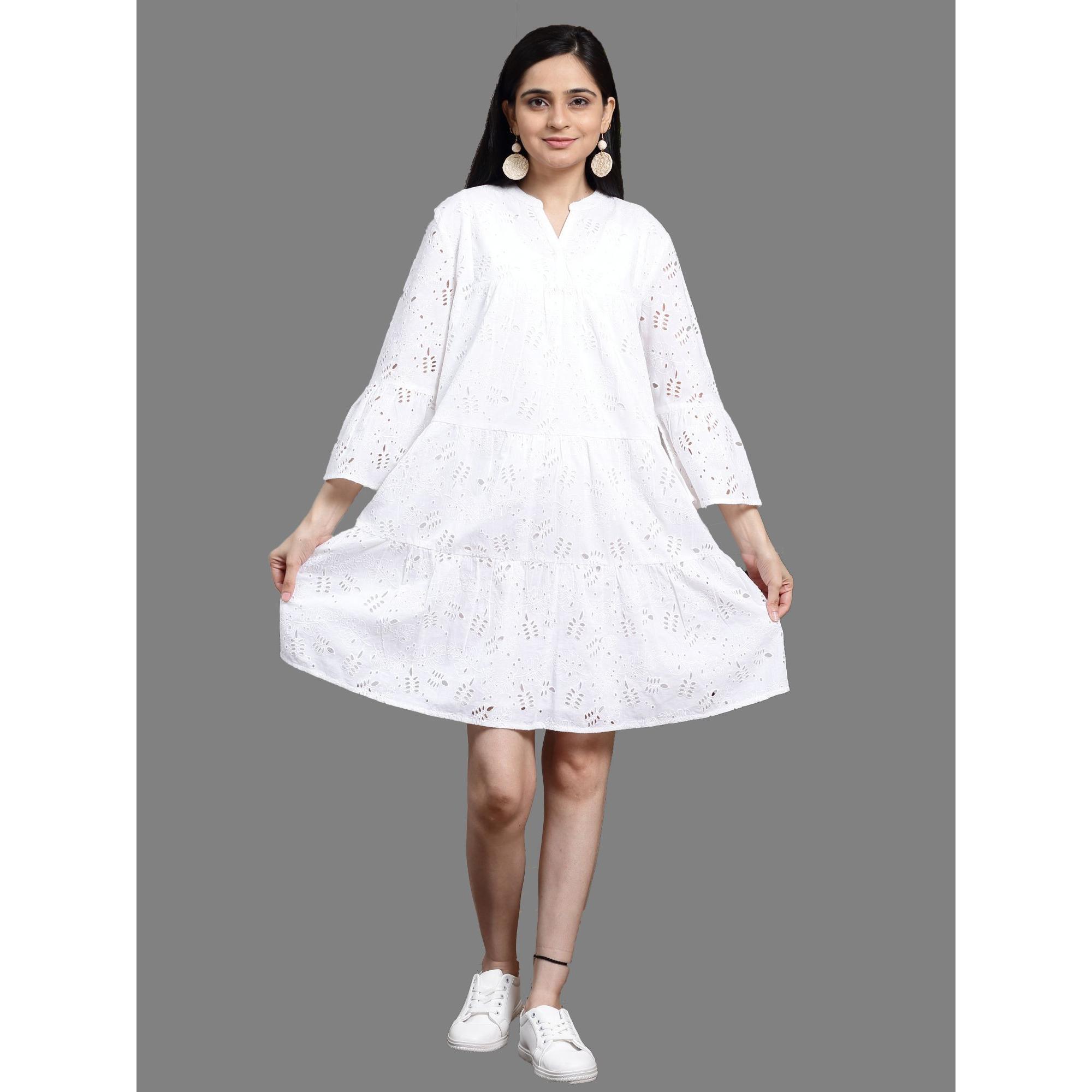 Women's Long Sleeve Schiffli Embroidered Mid Length Dress