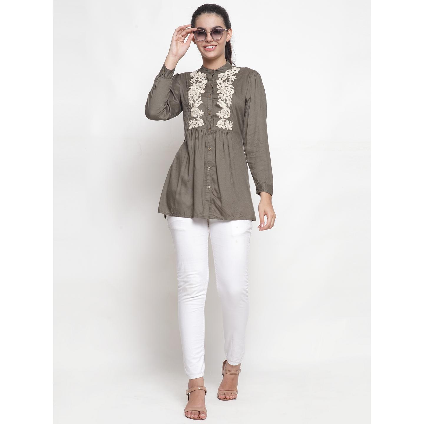Women's Casual Long Sleeve Embroidered Top With Band Collar