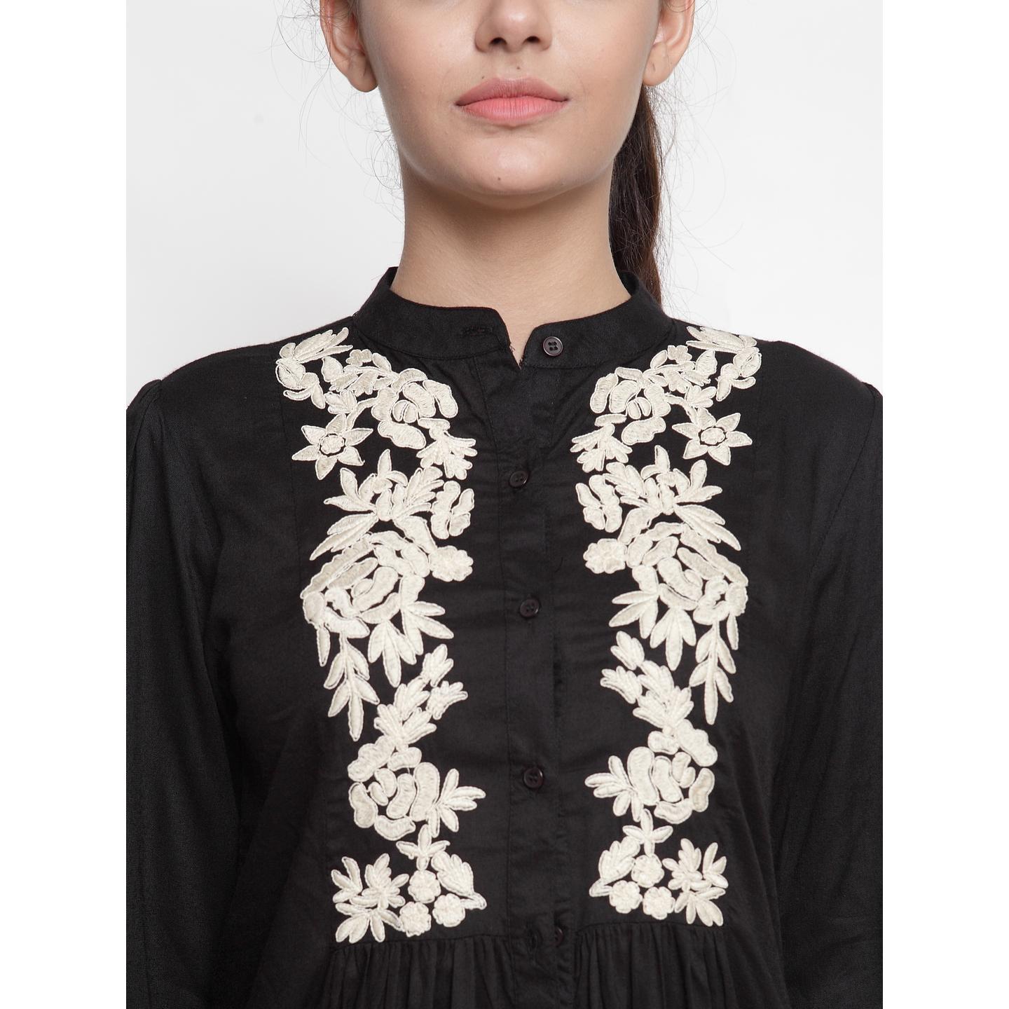 Women's Casual Long Sleeve Embroidered Top With Band Collar
