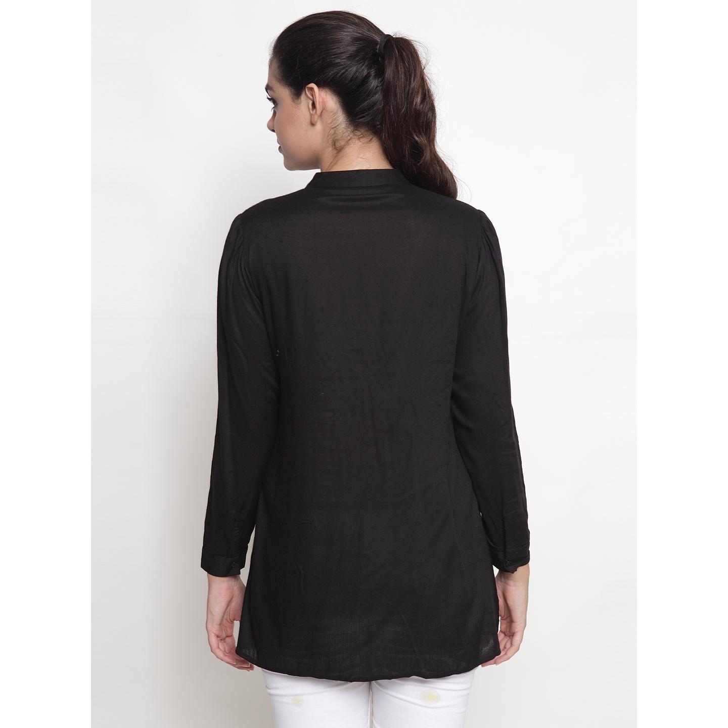 Women's Casual Long Sleeve Embroidered Top With Band Collar