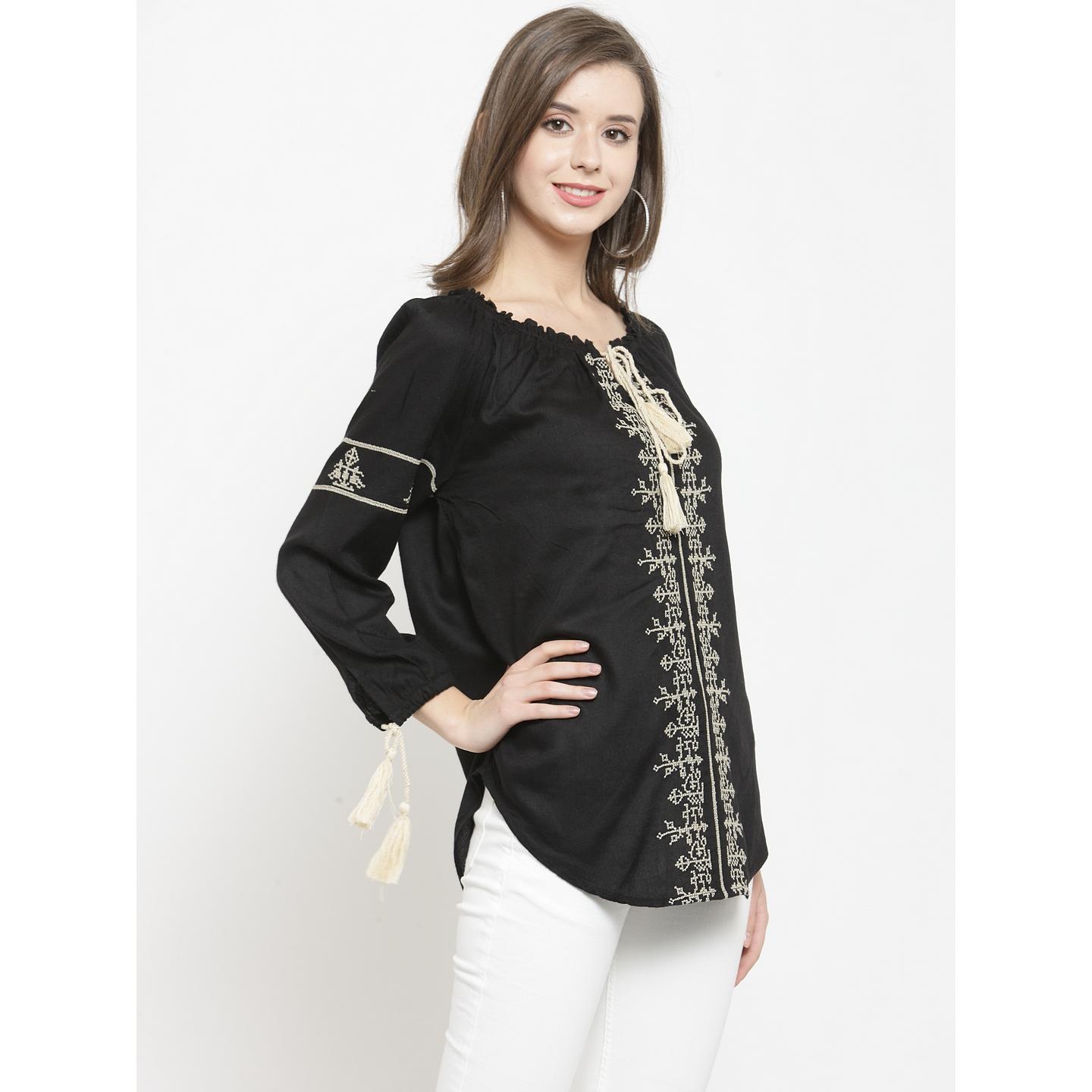 Women's Long Sleeve Embroidered Top With Tassels On Neckline