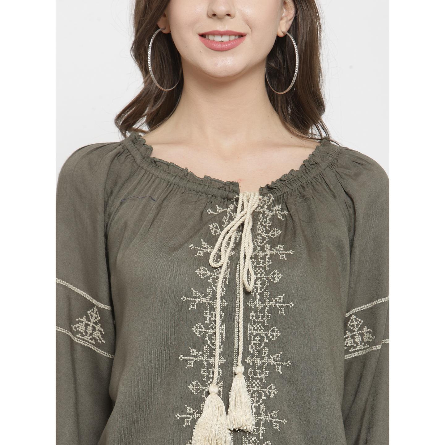 Women's Long Sleeve Embroidered Top With Tassels On Neckline