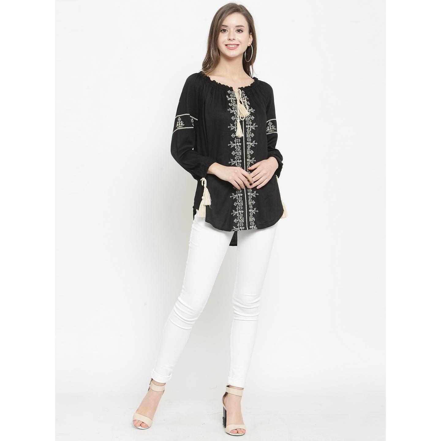 Women's Long Sleeve Embroidered Top With Tassels On Neckline