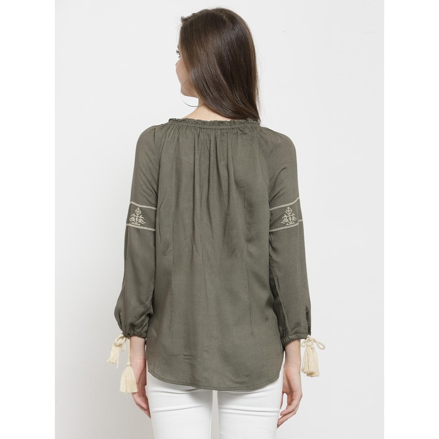 Women's Long Sleeve Embroidered Top With Tassels On Neckline