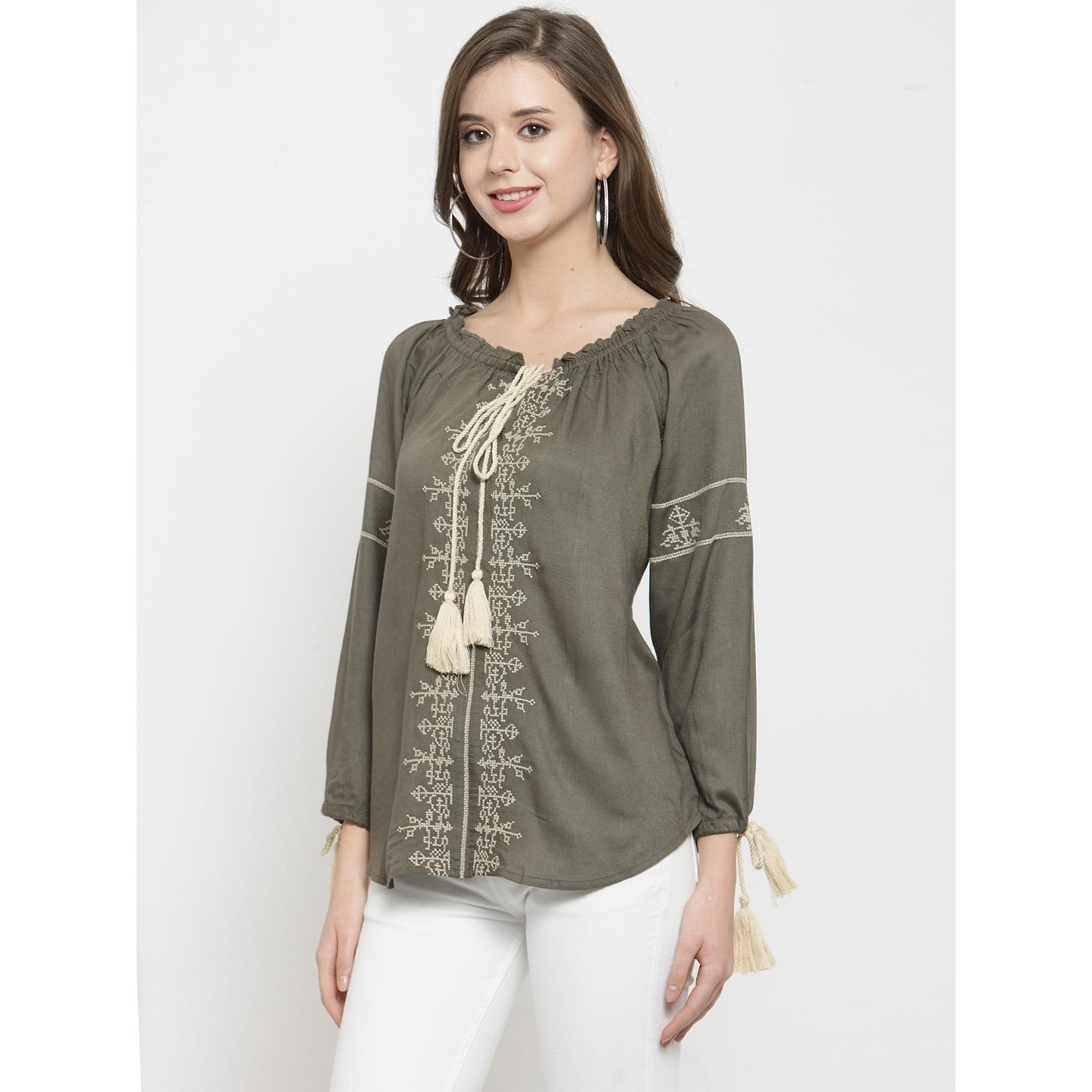 Women's Long Sleeve Embroidered Top With Tassels On Neckline