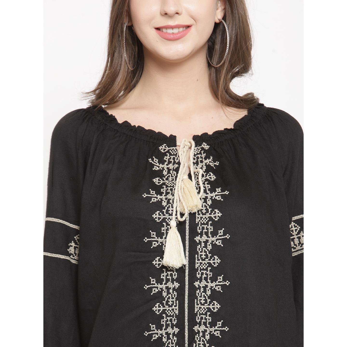 Women's Long Sleeve Embroidered Top With Tassels On Neckline