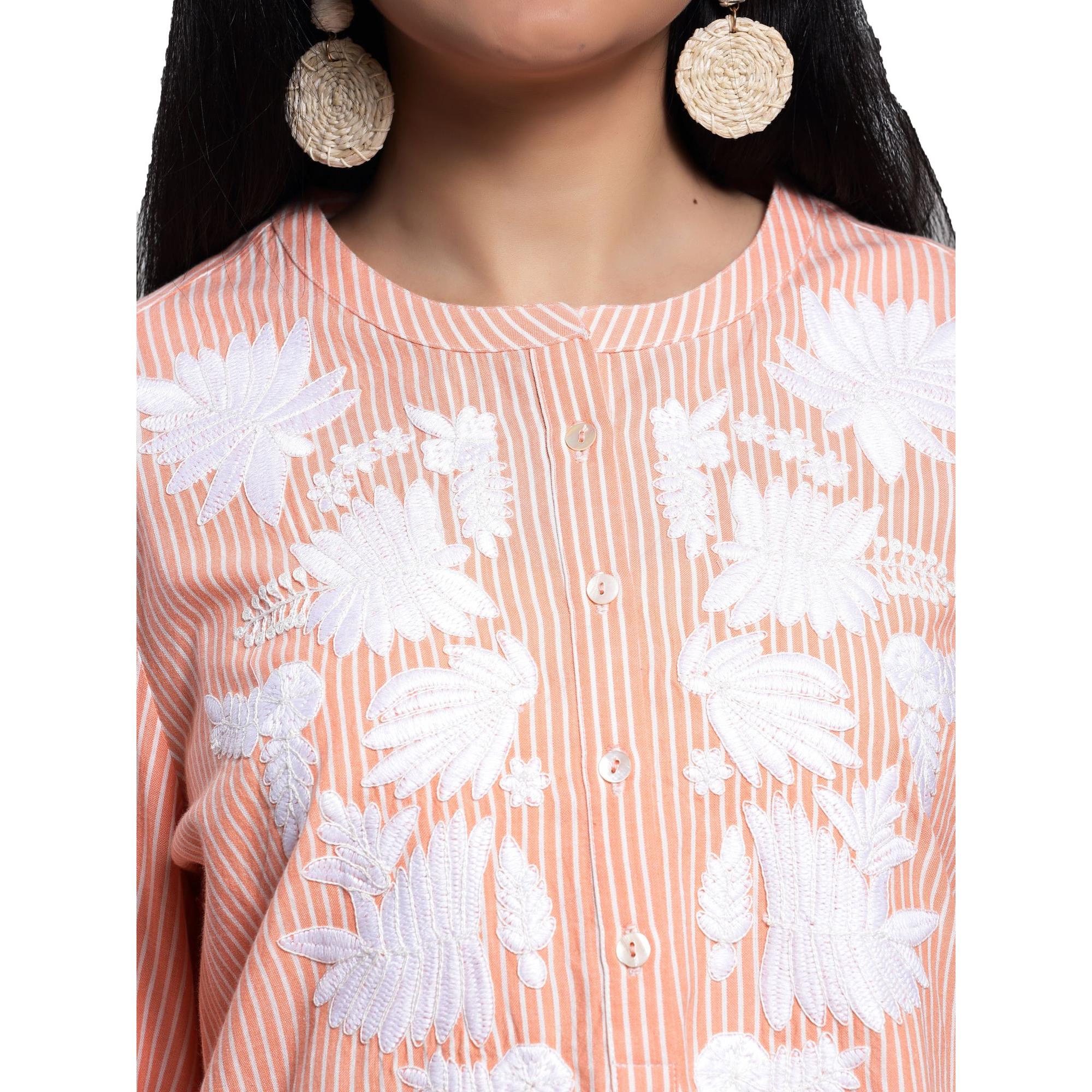 Women's Casual Long Sleeve Embroidered Tunic Top In Stripes