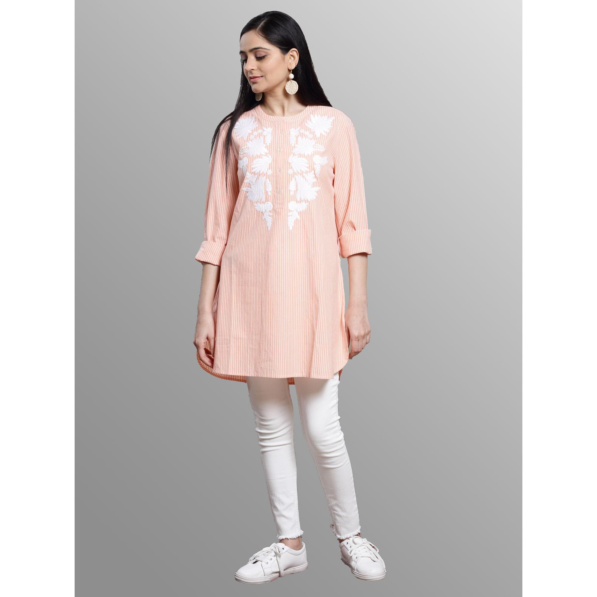 Women's Casual Long Sleeve Embroidered Tunic Top In Stripes