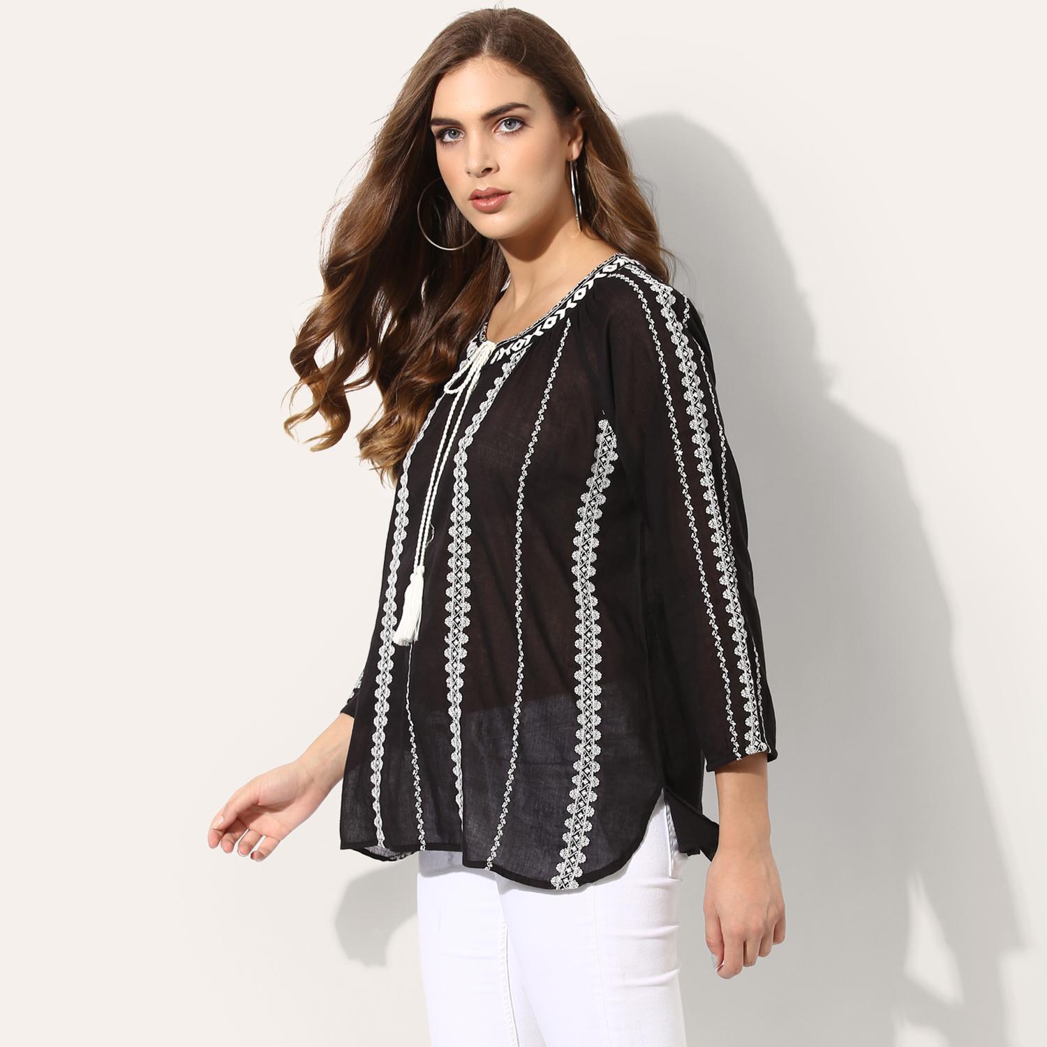 Women's Boho Style Embroidered Top With Tassel Tie Neckline