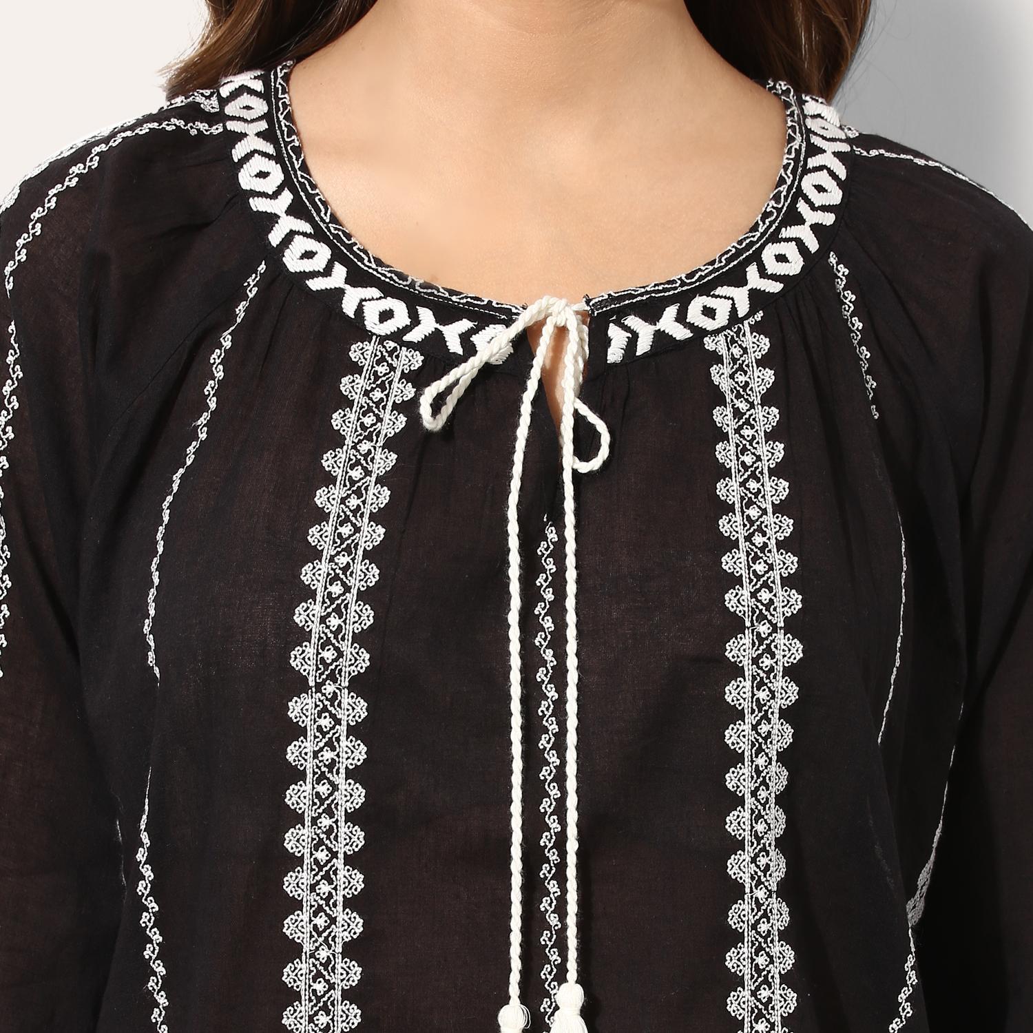 Women's Boho Style Embroidered Top With Tassel Tie Neckline