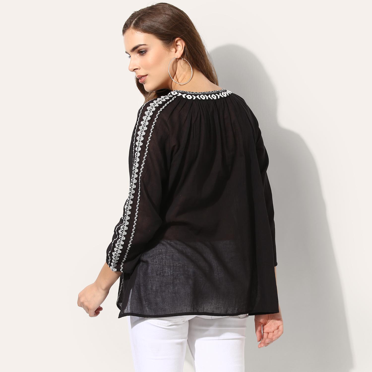 Women's Boho Style Embroidered Top With Tassel Tie Neckline