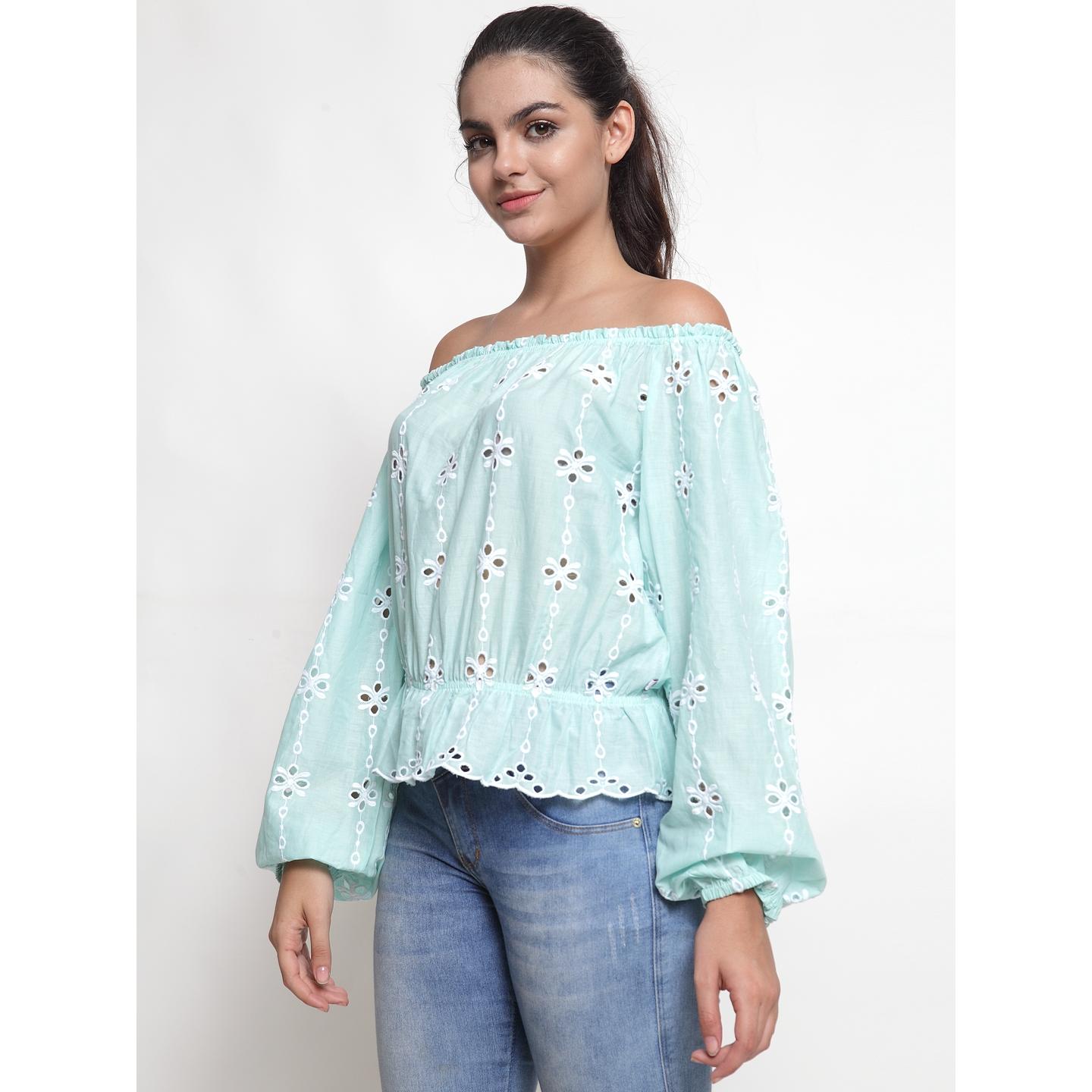 Women's Off Shoulder Long Sleeve Blouson Top With Embroidery