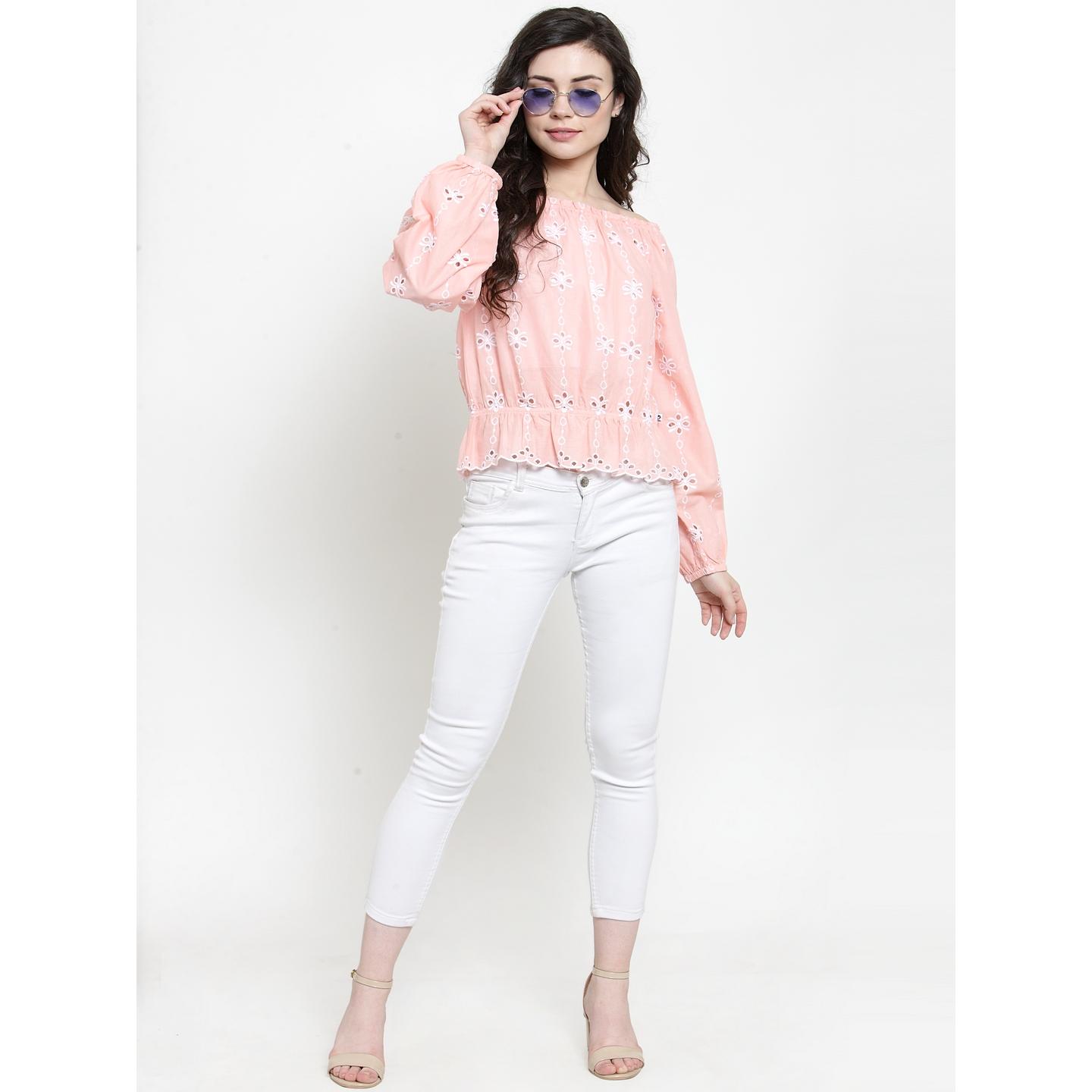Women's Off Shoulder Long Sleeve Blouson Top With Embroidery