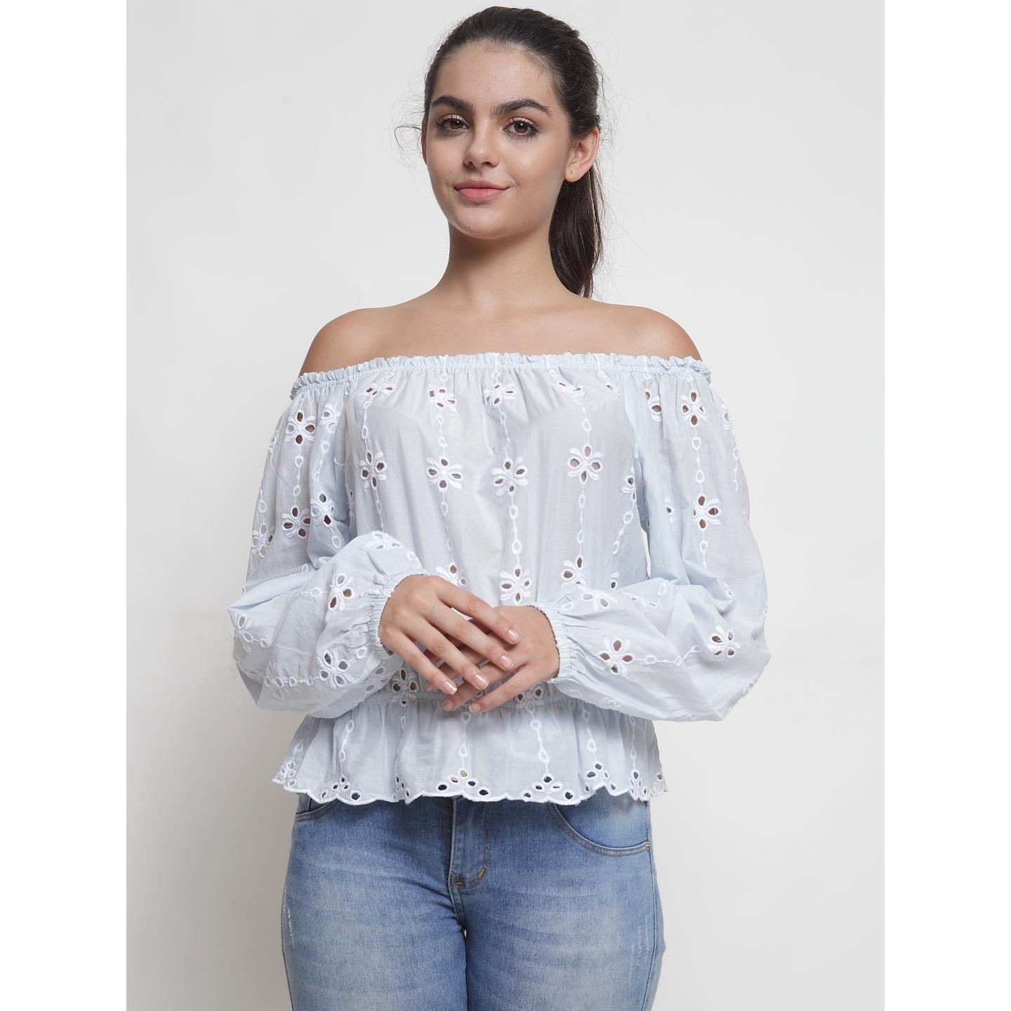 Women's Off Shoulder Long Sleeve Blouson Top With Embroidery