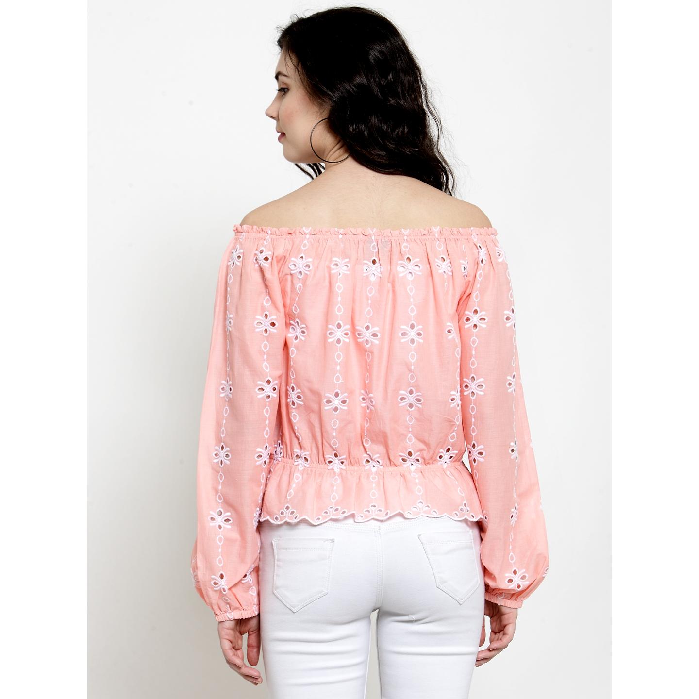 Women's Off Shoulder Long Sleeve Blouson Top With Embroidery