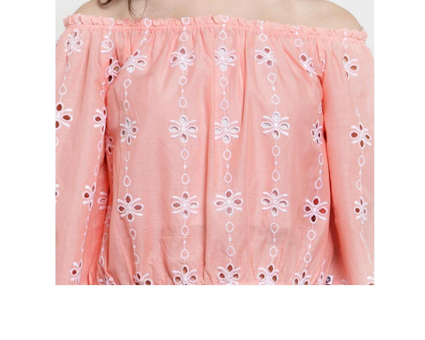 Women's Off Shoulder Long Sleeve Blouson Top With Embroidery