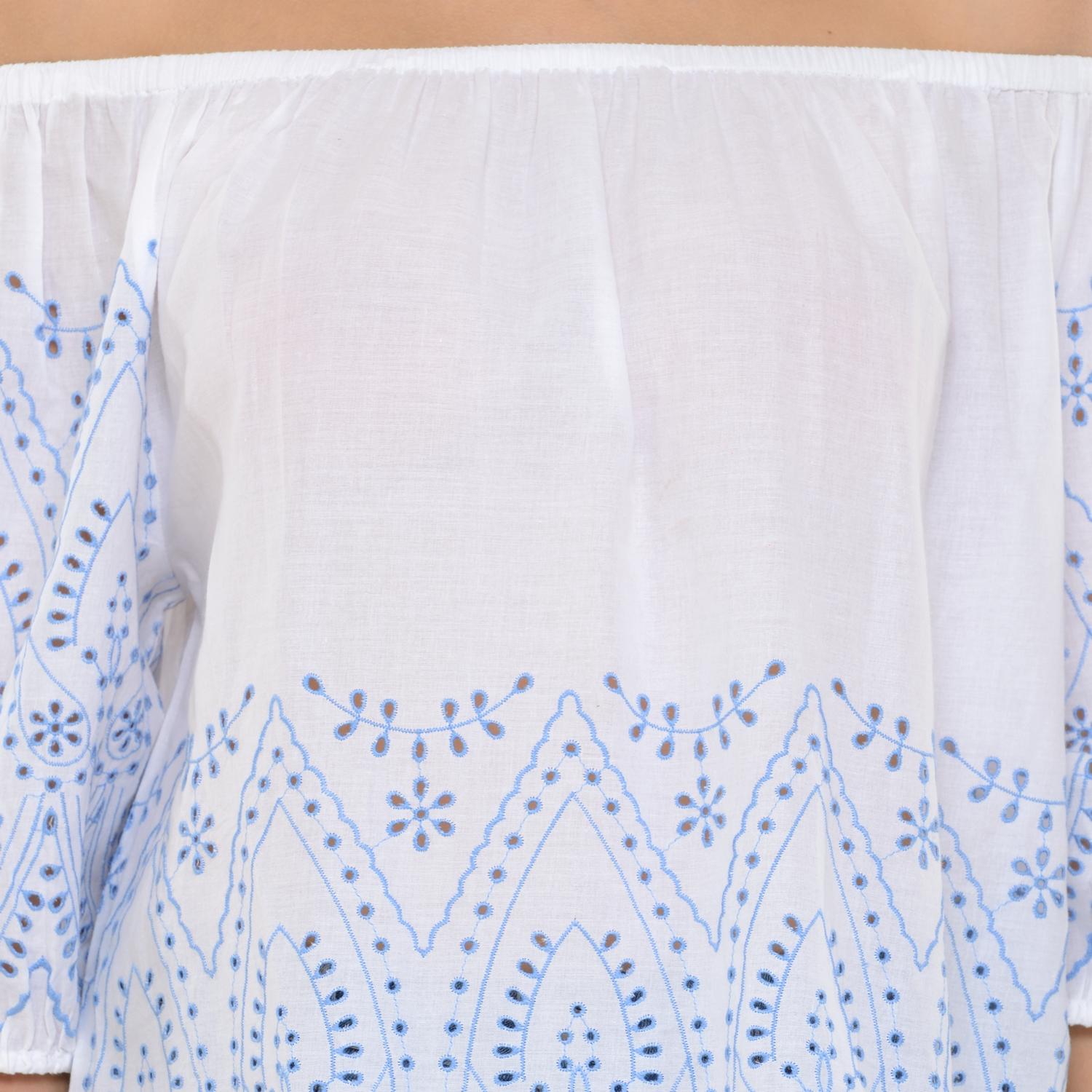 Women's Off Shoulder Three Quarter Sleeve Top With Embroidery