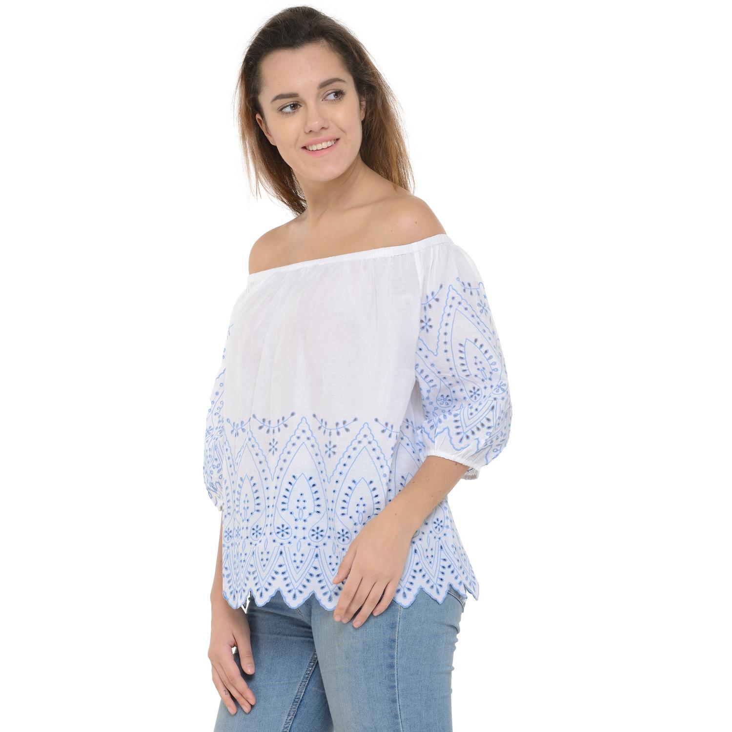 Women's Off Shoulder Three Quarter Sleeve Top With Embroidery