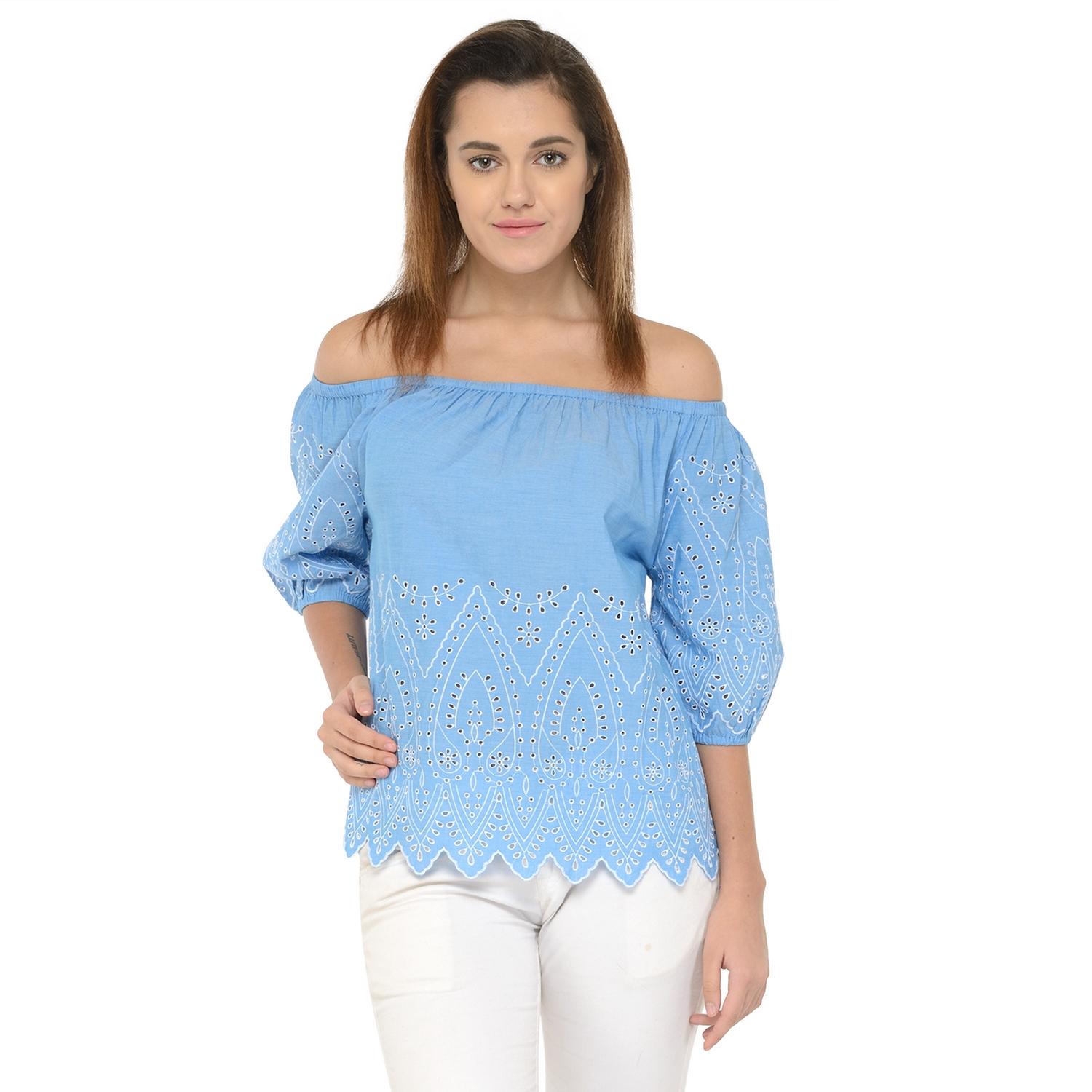 Women's Off Shoulder Three Quarter Sleeve Top With Embroidery