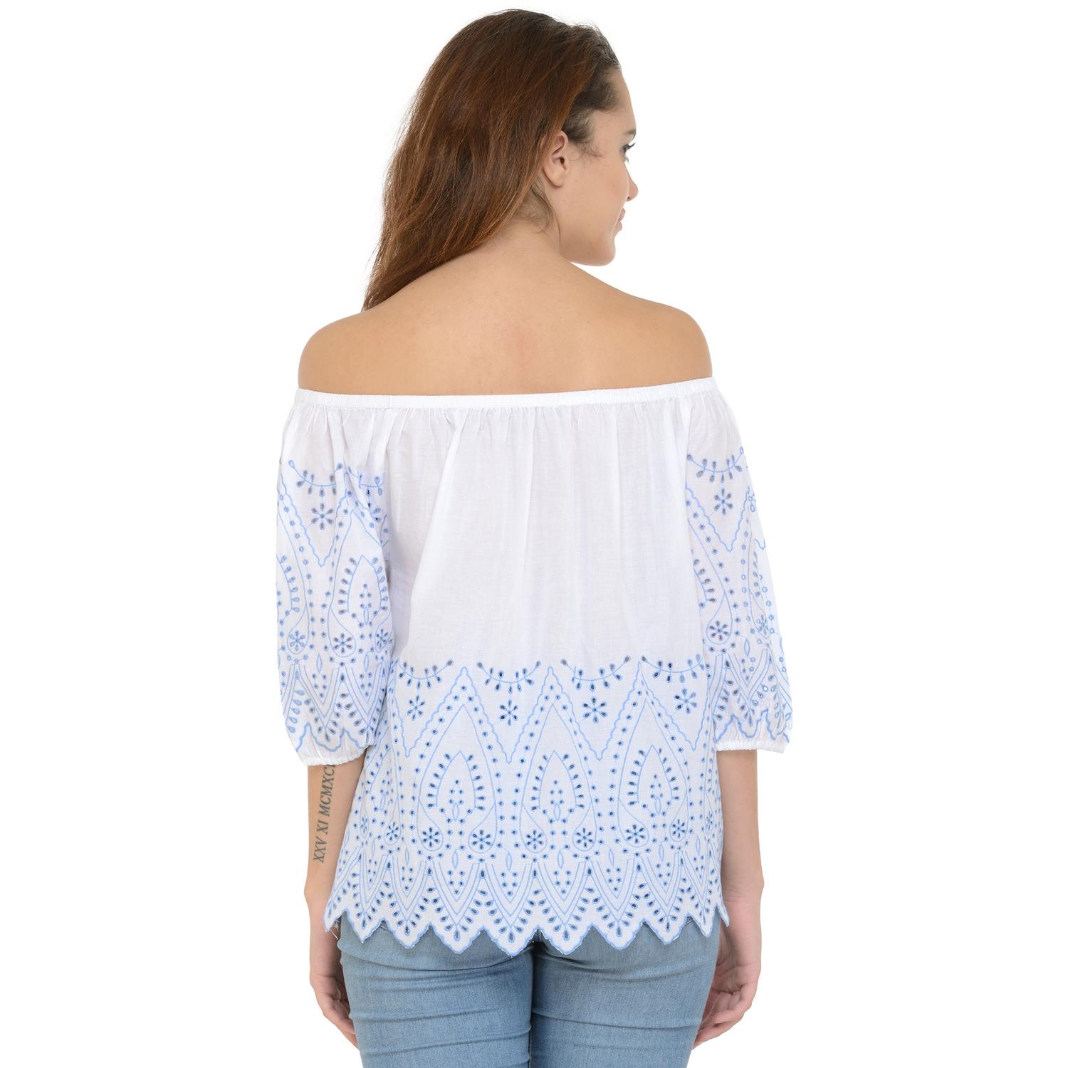 Women's Off Shoulder Three Quarter Sleeve Top With Embroidery