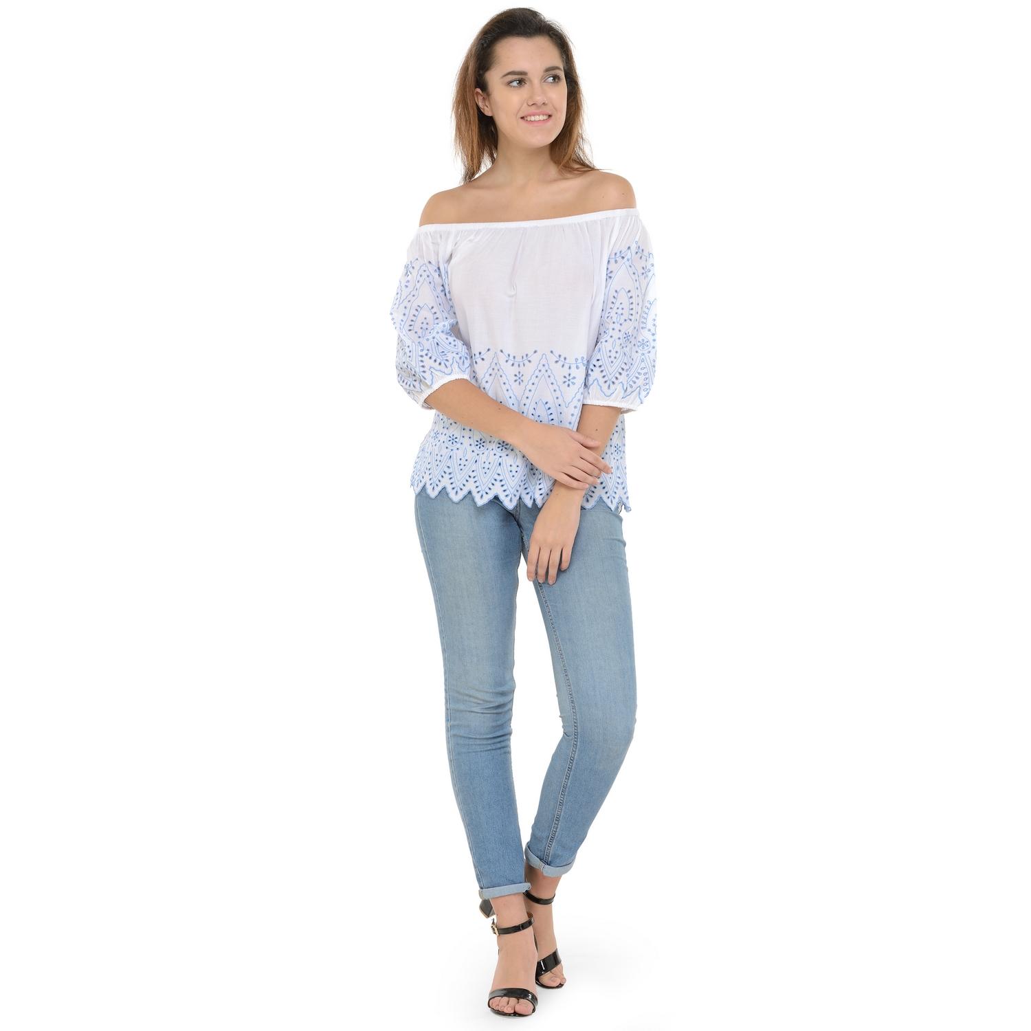 Women's Off Shoulder Three Quarter Sleeve Top With Embroidery