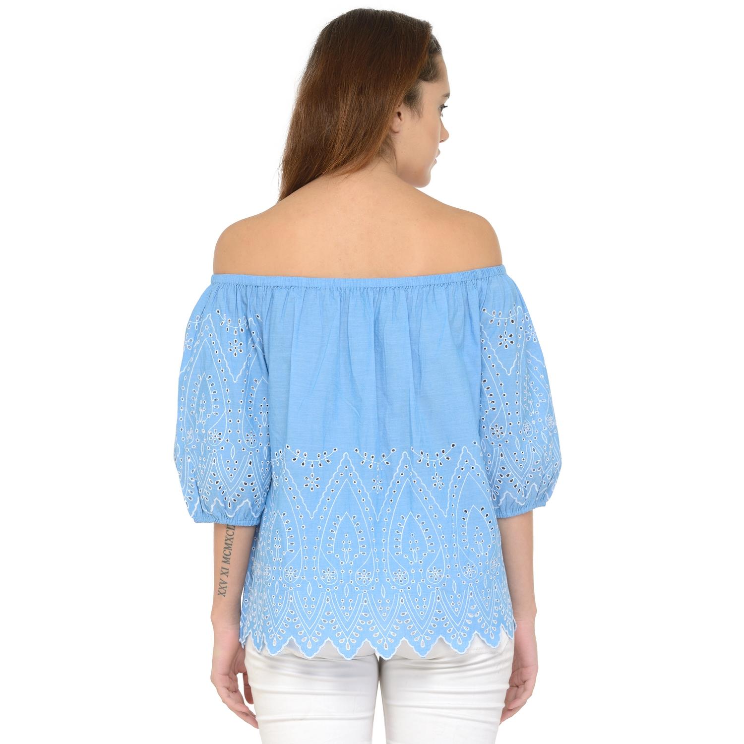 Women's Off Shoulder Three Quarter Sleeve Top With Embroidery