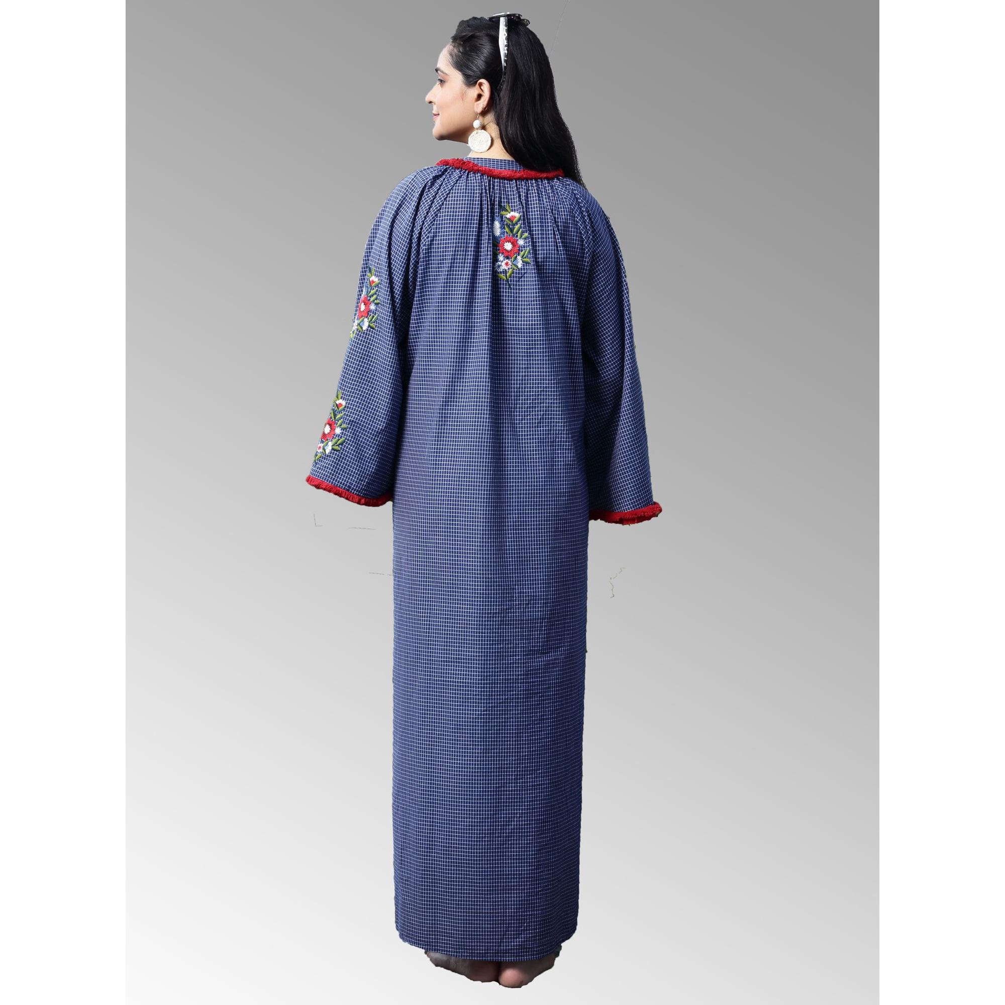 Women's Kaftan Dress In Plaids With Embroidery And Fringes