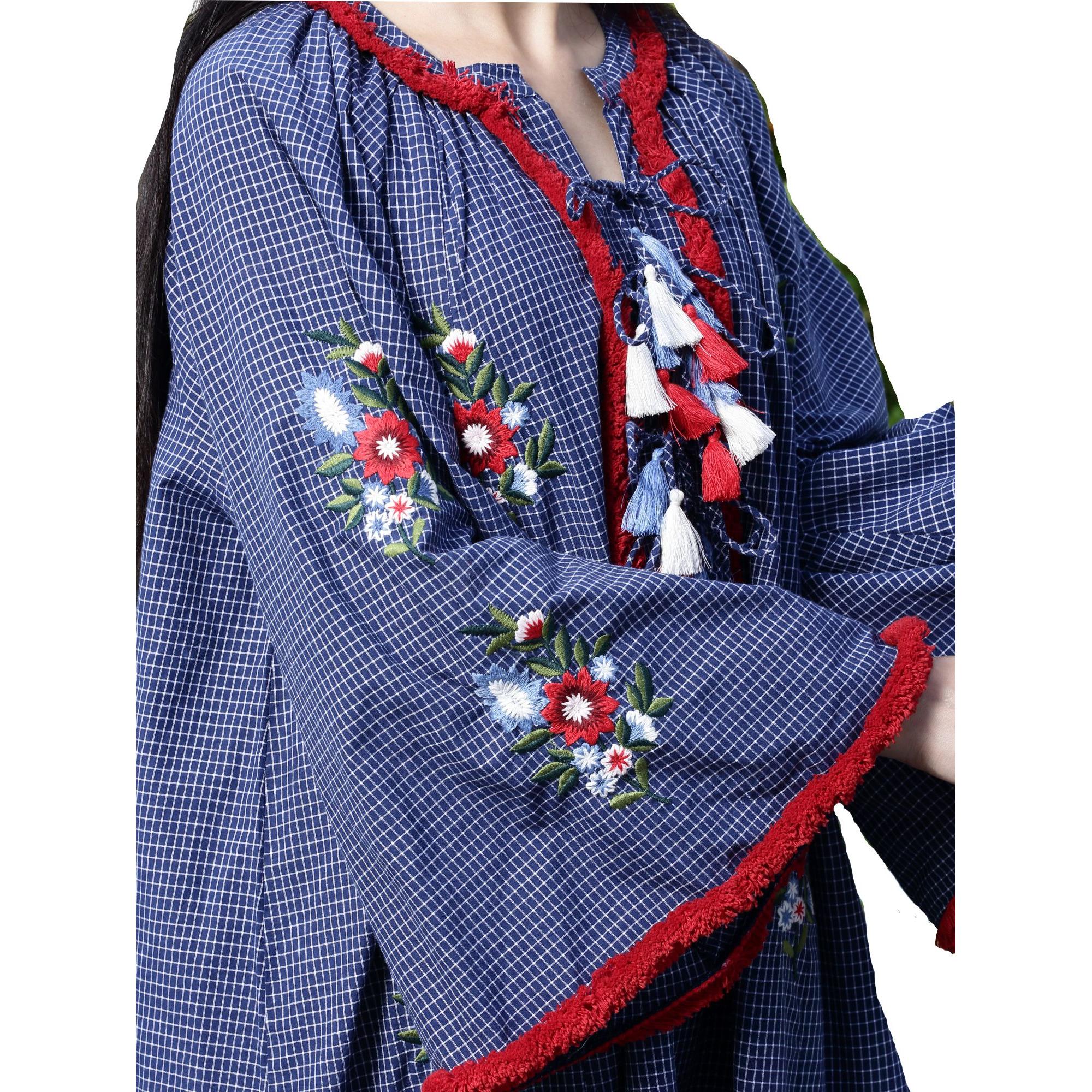 Women's Kaftan Dress In Plaids With Embroidery And Fringes
