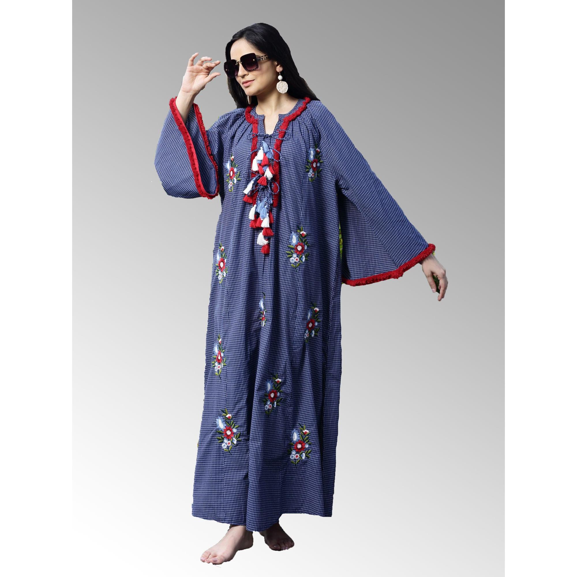 Women's Kaftan Dress In Plaids With Embroidery And Fringes