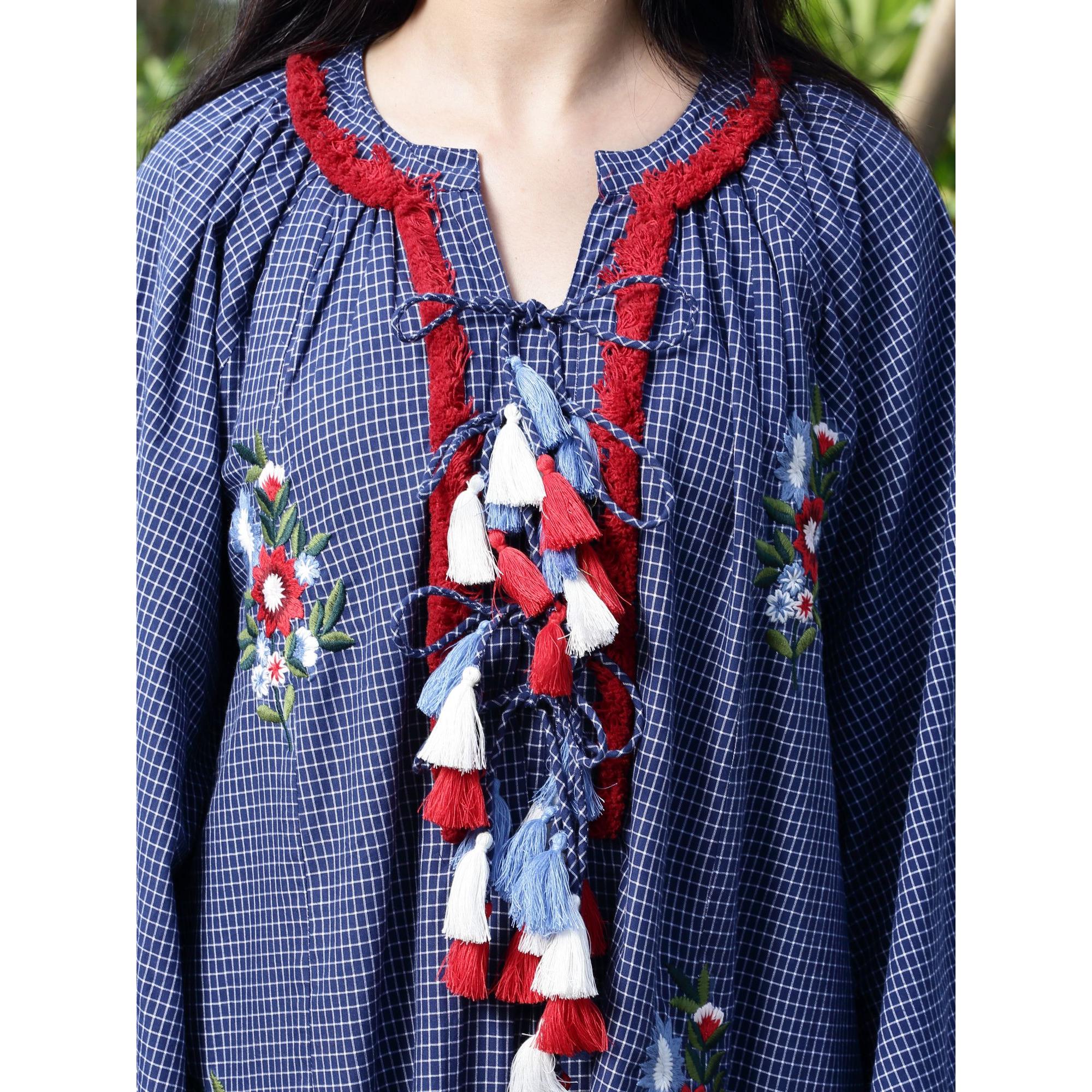 Women's Kaftan Dress In Plaids With Embroidery And Fringes