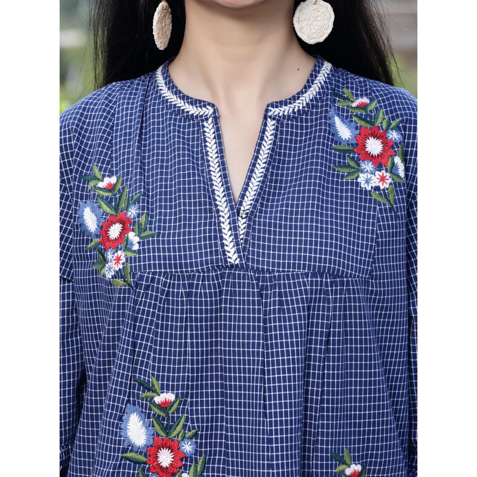 Women's Medium Length Tiered Dress in Plaids With Embroidery