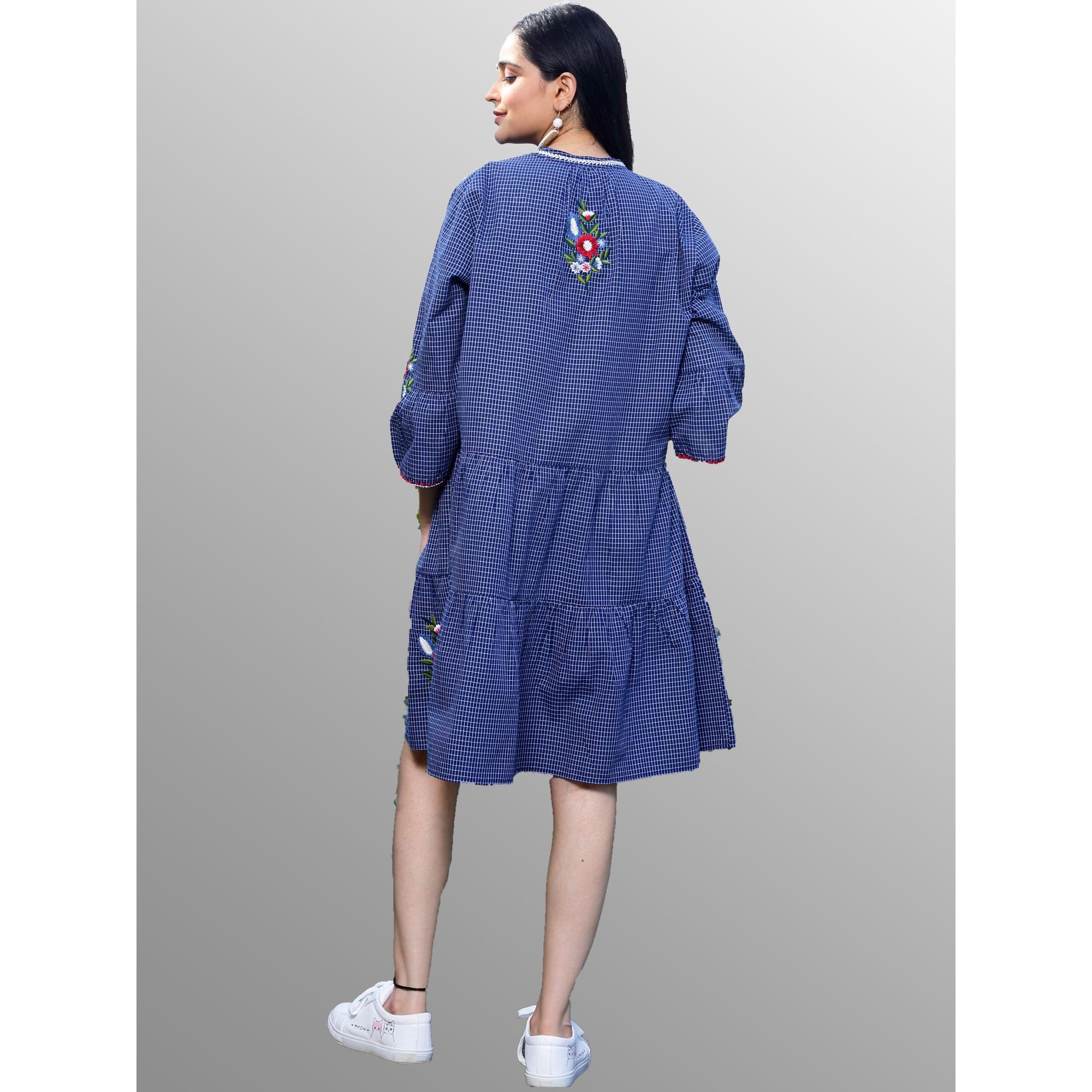 Women's Medium Length Tiered Dress in Plaids With Embroidery