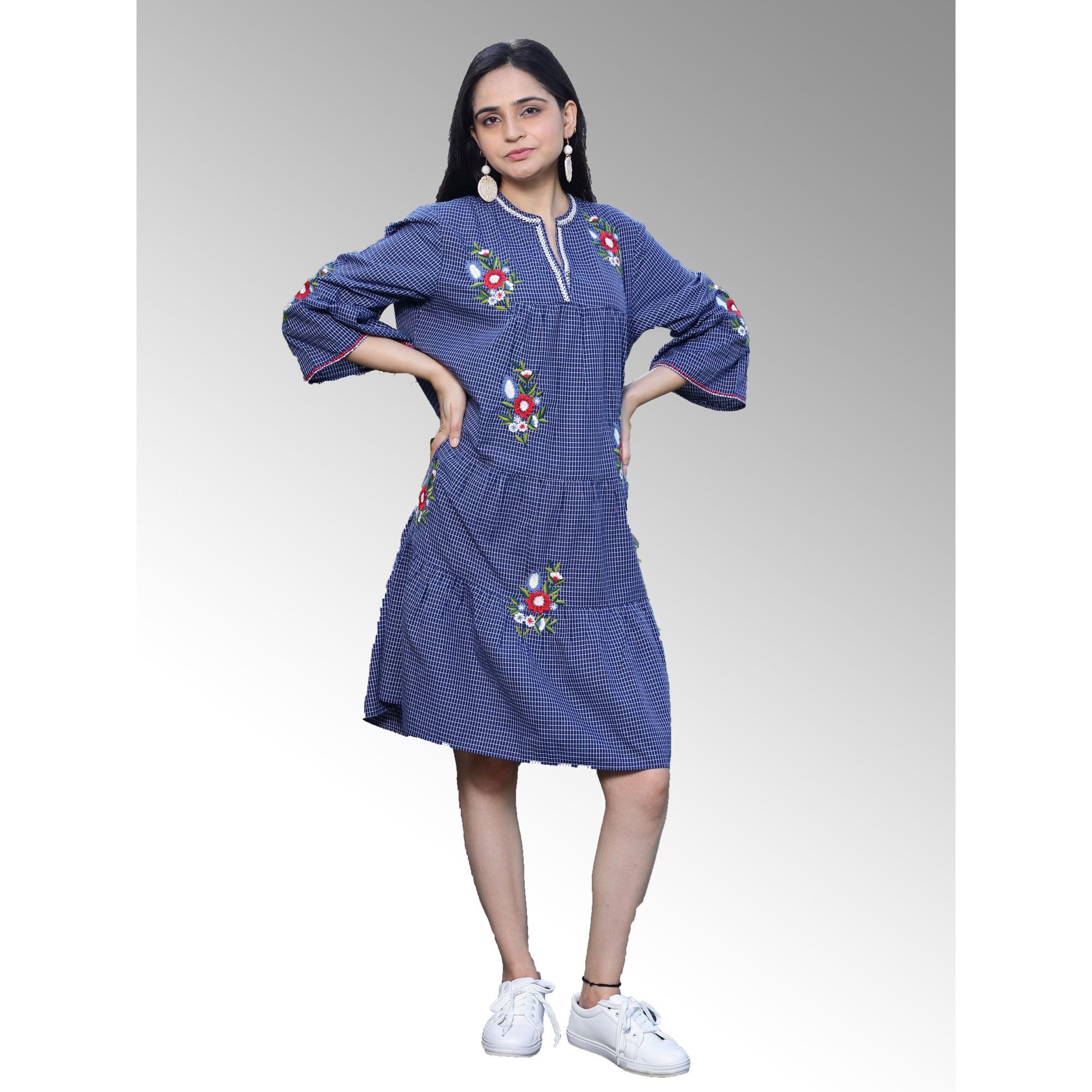 Women's Medium Length Tiered Dress in Plaids With Embroidery