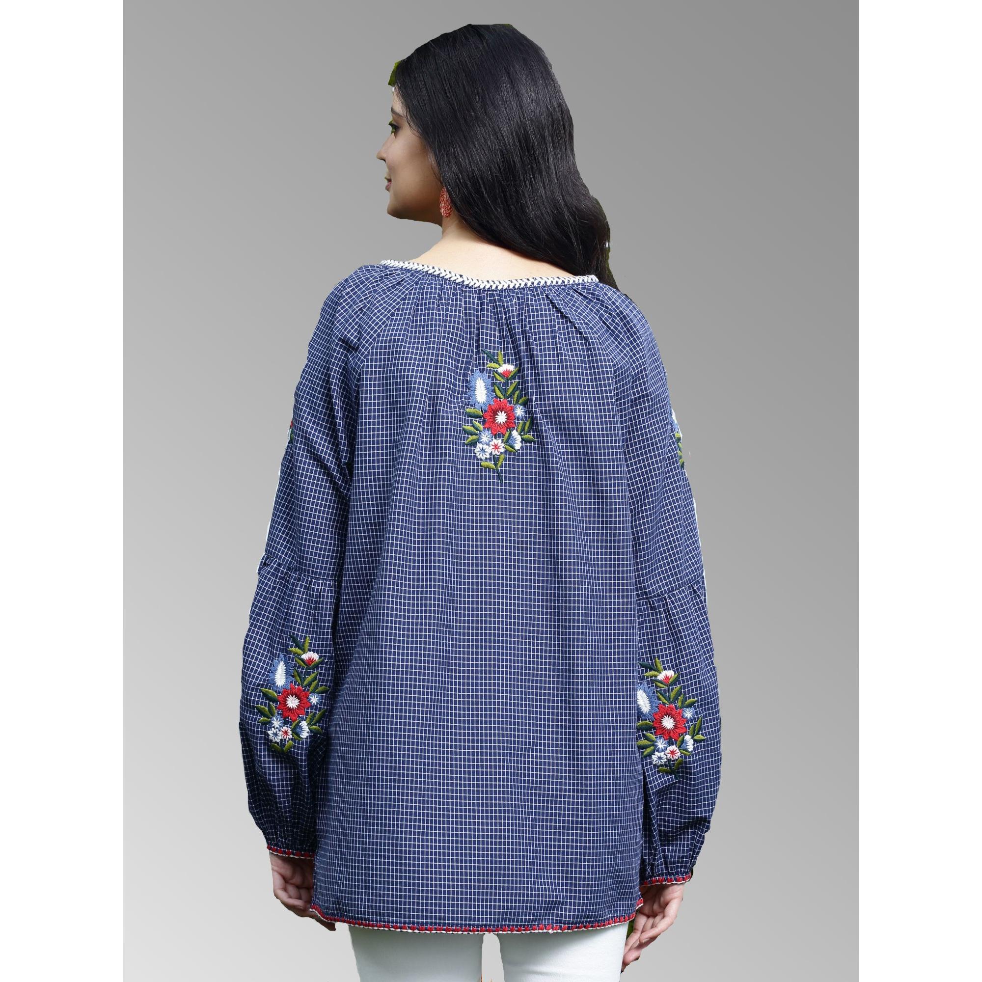 Women's Long Sleeve Top In Plaid With Embroidery And Tassels