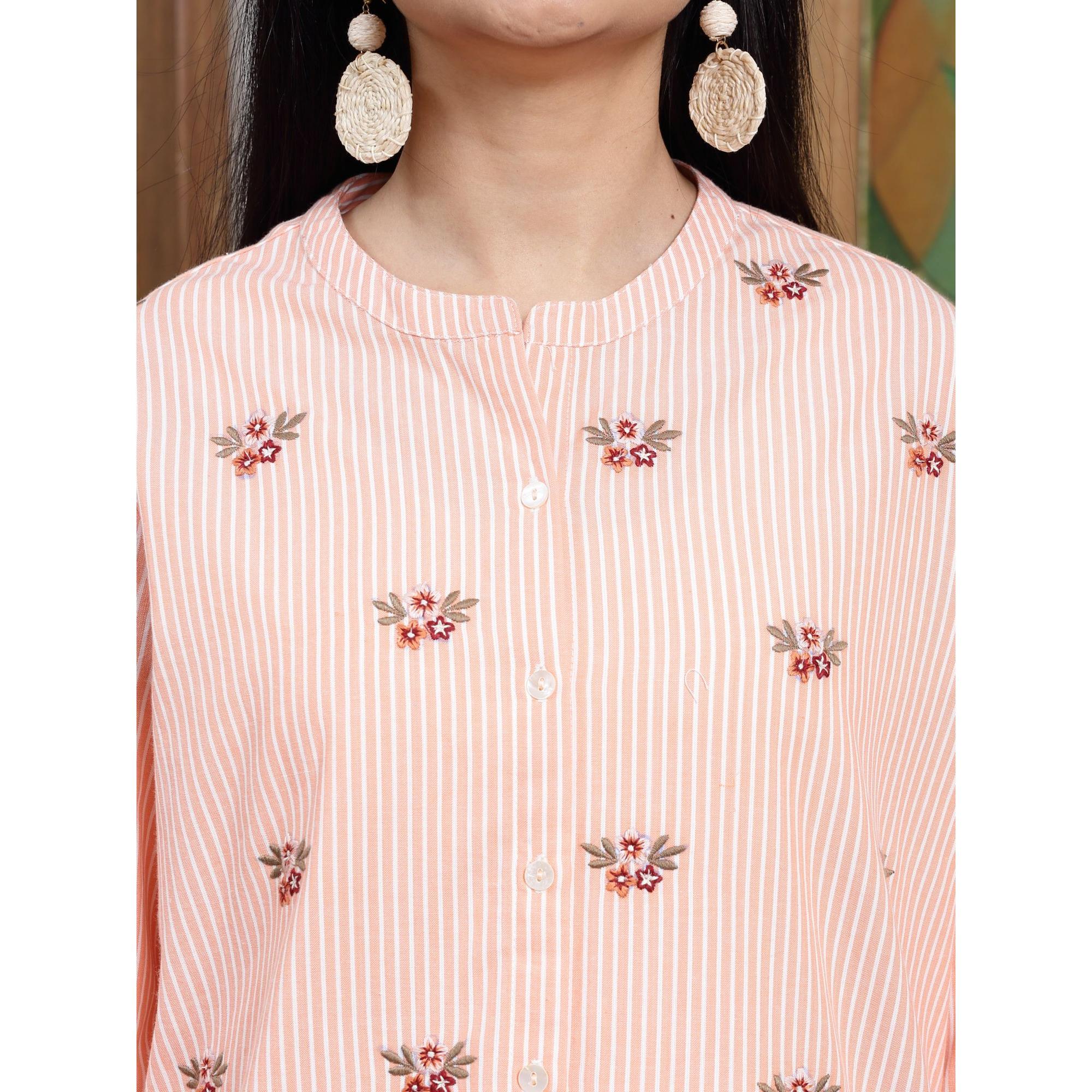 Women's Coordinated Set WIth Floral Embroidered Long Sleeve Tunic And Matching Pants In Stripes