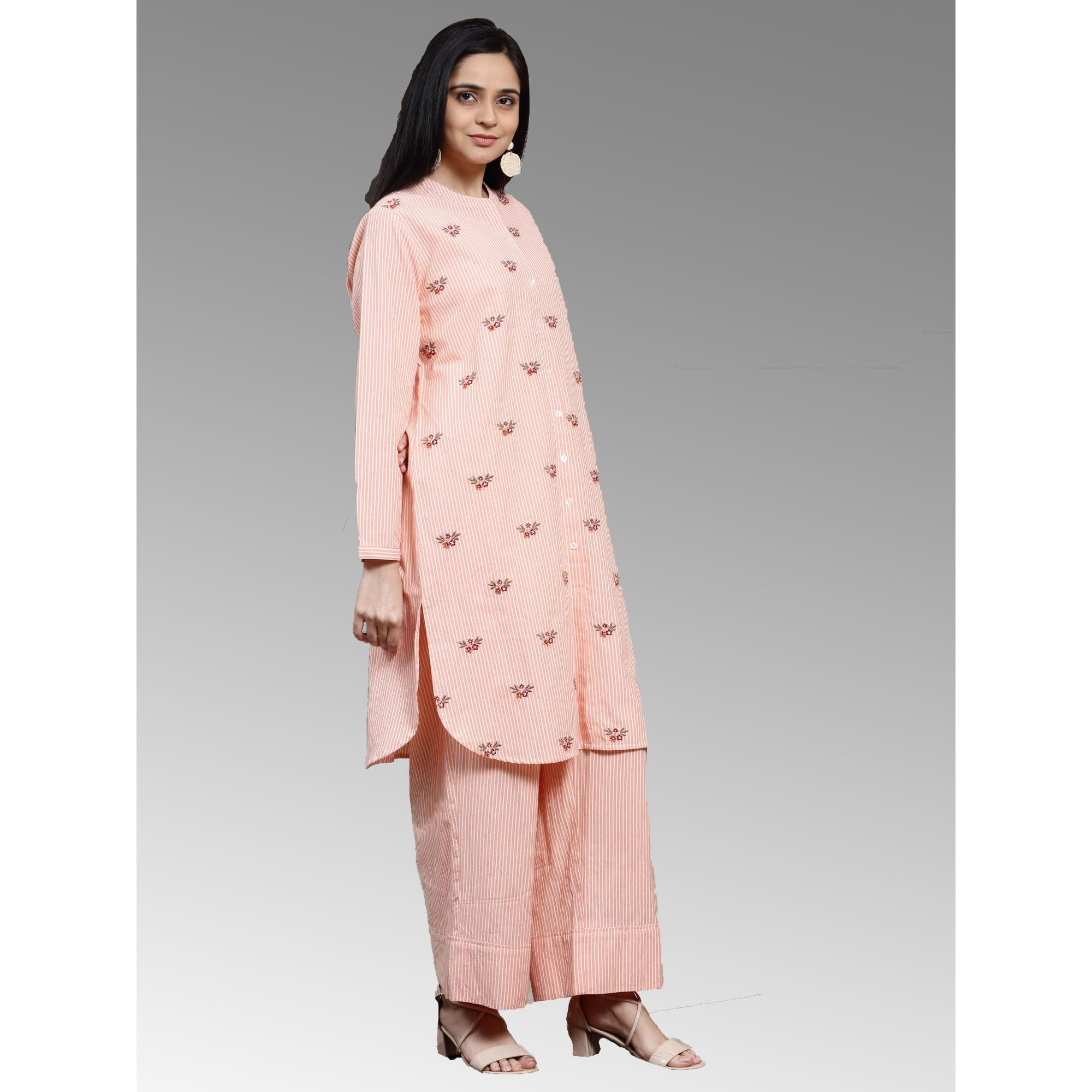 Women's Coordinated Set WIth Floral Embroidered Long Sleeve Tunic And Matching Pants In Stripes