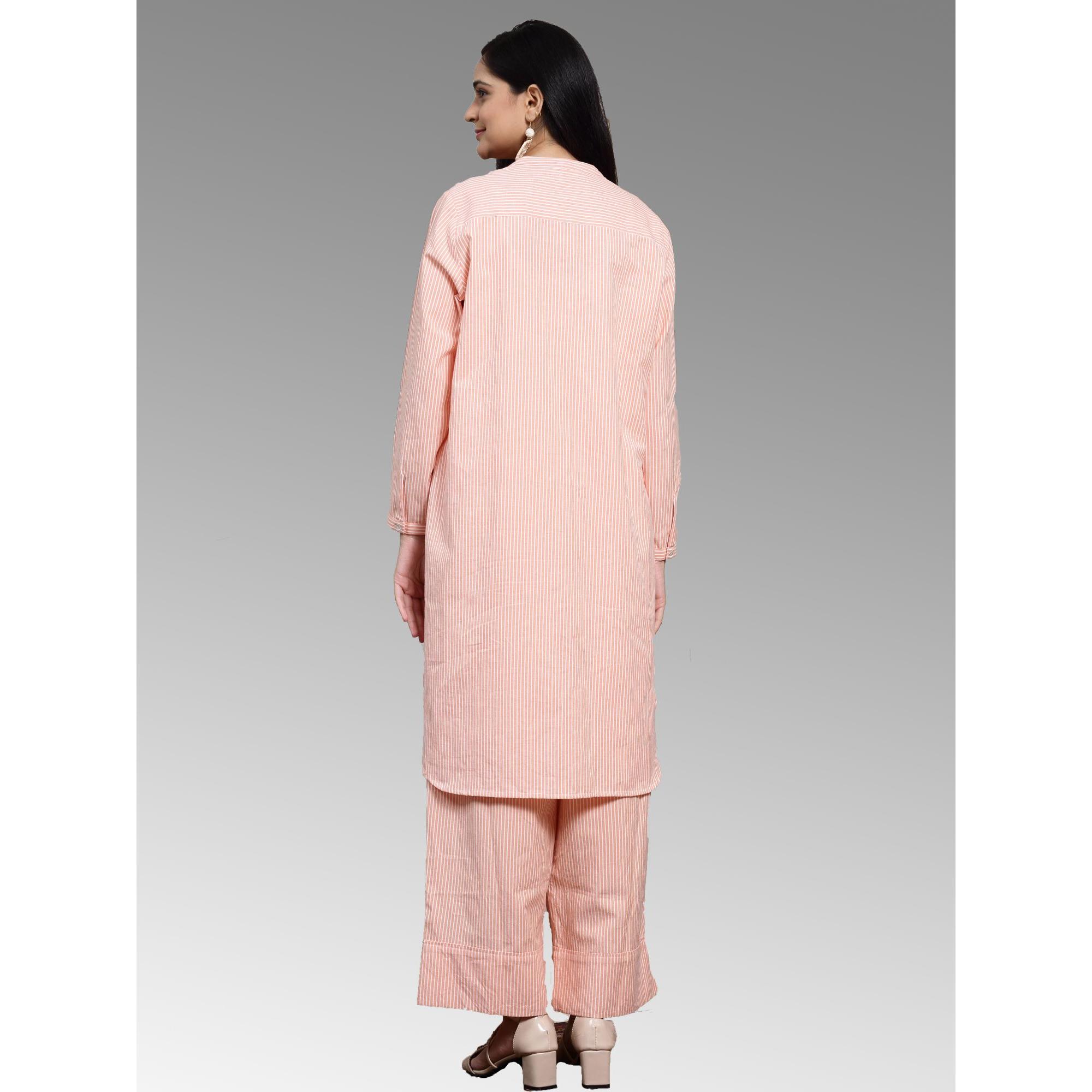 Women's Coordinated Set WIth Floral Embroidered Long Sleeve Tunic And Matching Pants In Stripes