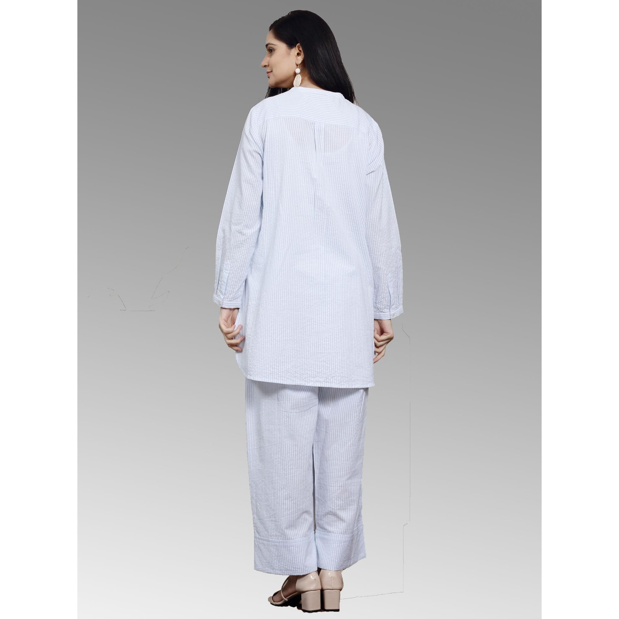 Women's Coordinated Set WIth Embroidered Long Sleeve Tunic And Matching Pants In Stripes