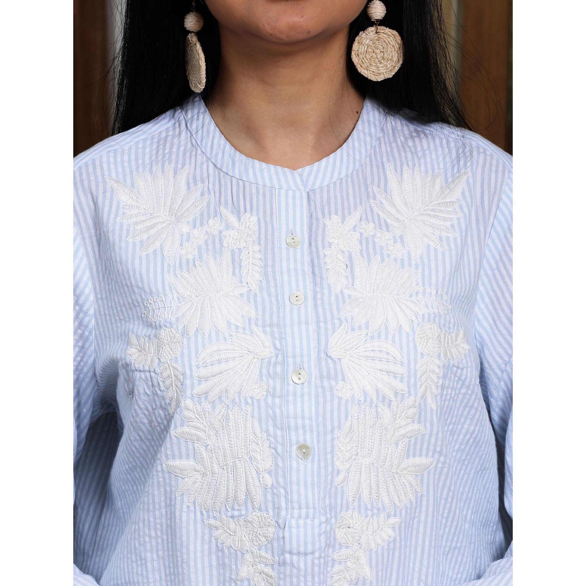Women's Coordinated Set WIth Embroidered Long Sleeve Tunic And Matching Pants In Stripes